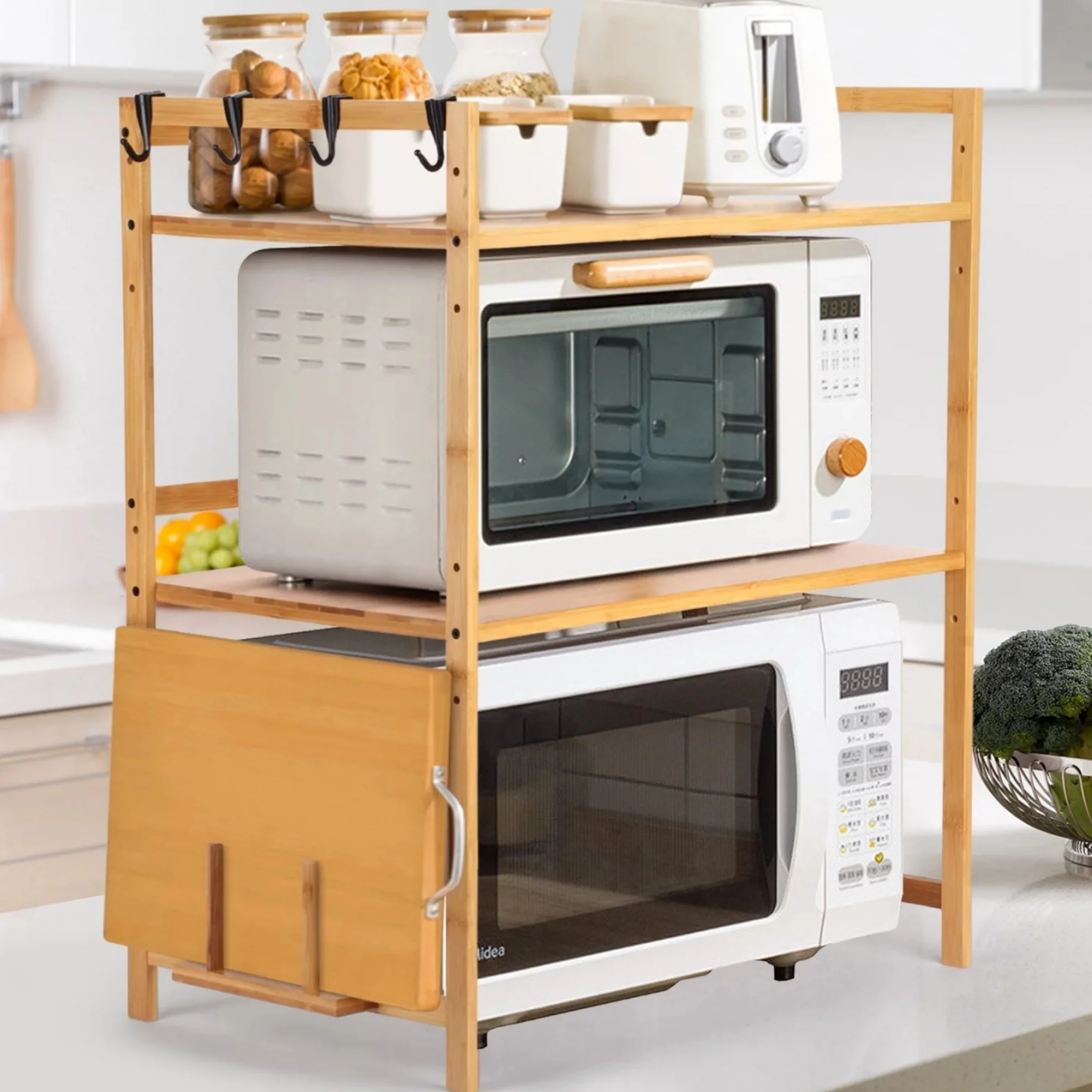 tonchean 3-Tier Microwave Oven Rack with 4 Hooks, Bamboo Bakers Rack for Modern Kitchen