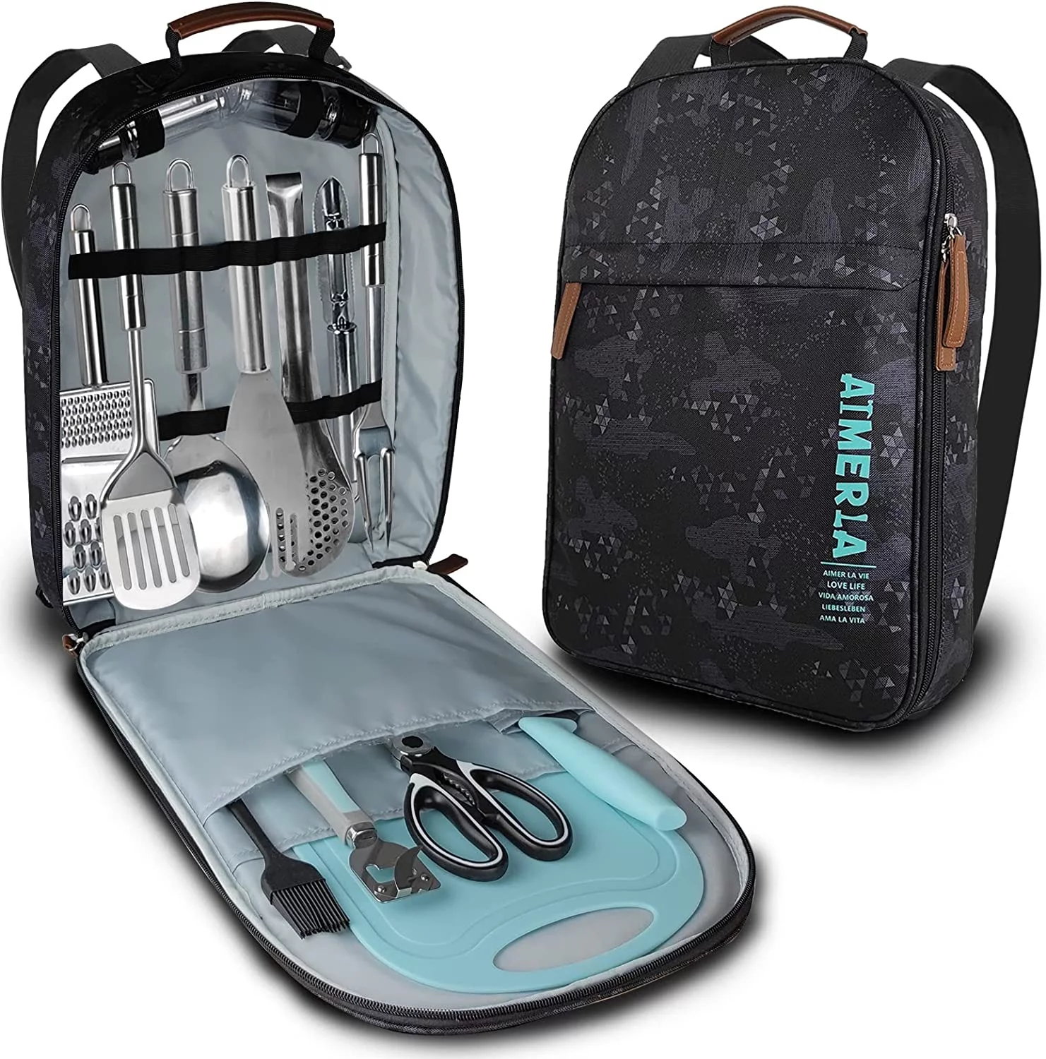 Aimerla Camping Cooking Utensil Set - 15 Pcs Camping Cookware Kit Durable Grill and Camping Accessories for Camping Trip, BBQ, Hiking, RV, Travel