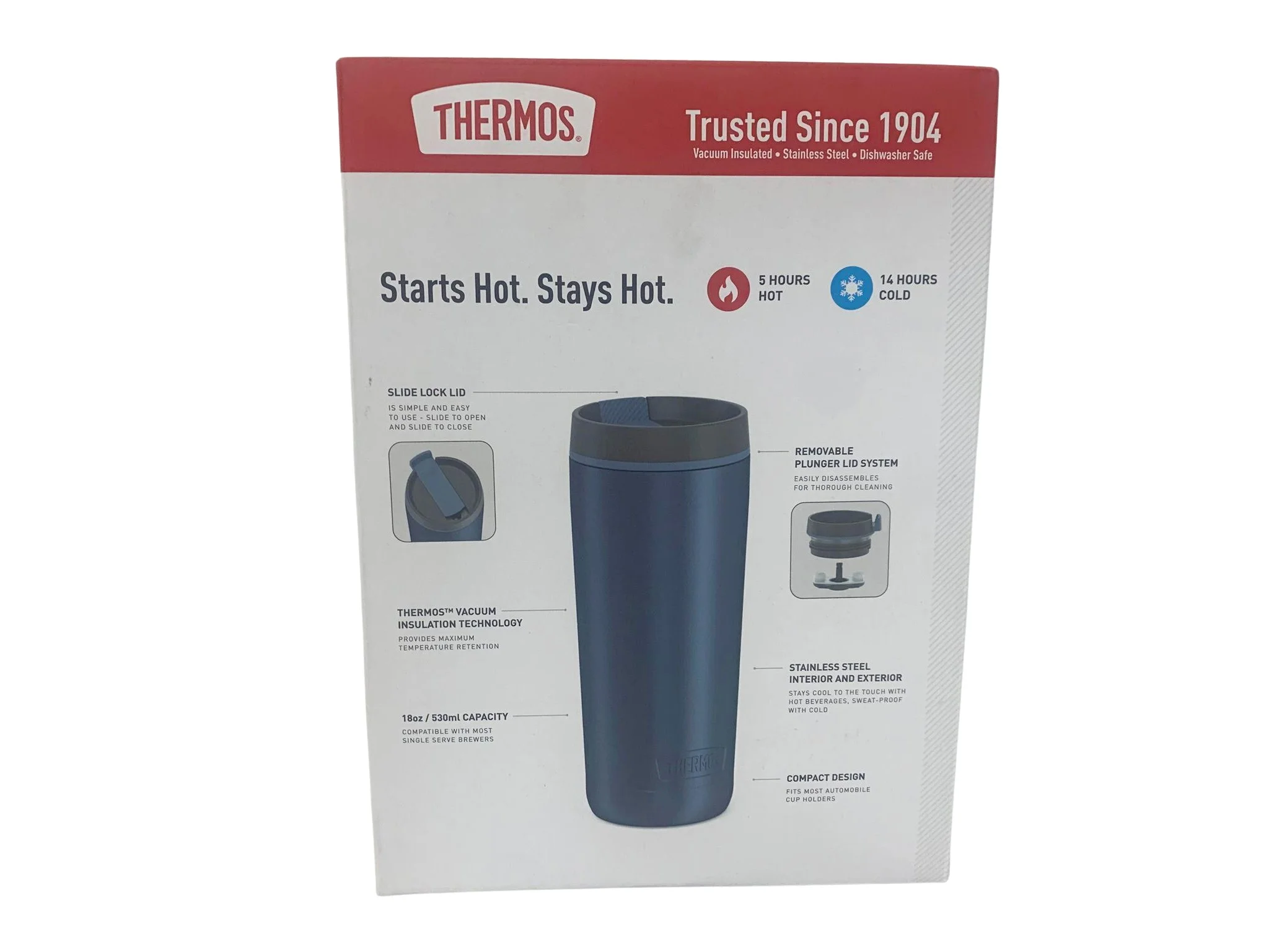 Thermos Brand Travel Tumbler 2Pk 5 Hours Hot 14 Hours Cold Leak Resistant 18oz Red Blue