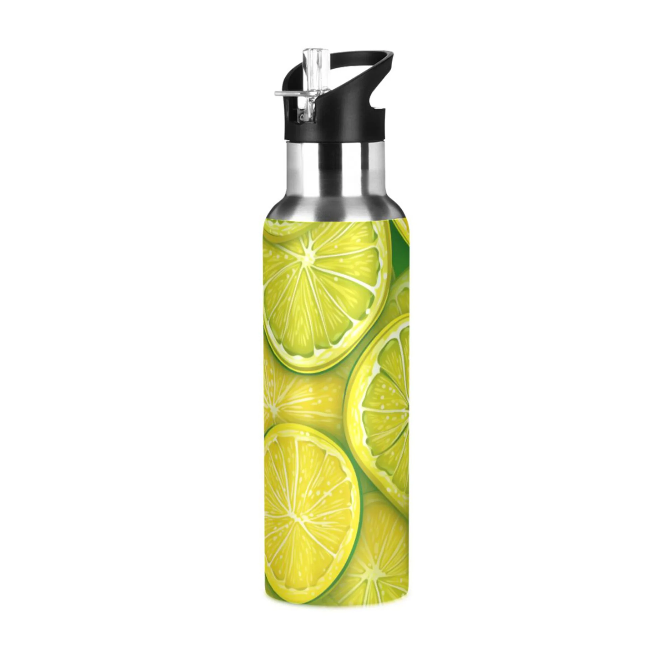 Lemon Fruit Water Bottles Insulated Thermos Kids Stainless Steel Bottle with Straw Lid Flask Leakproof for Sports Gym 20 oz