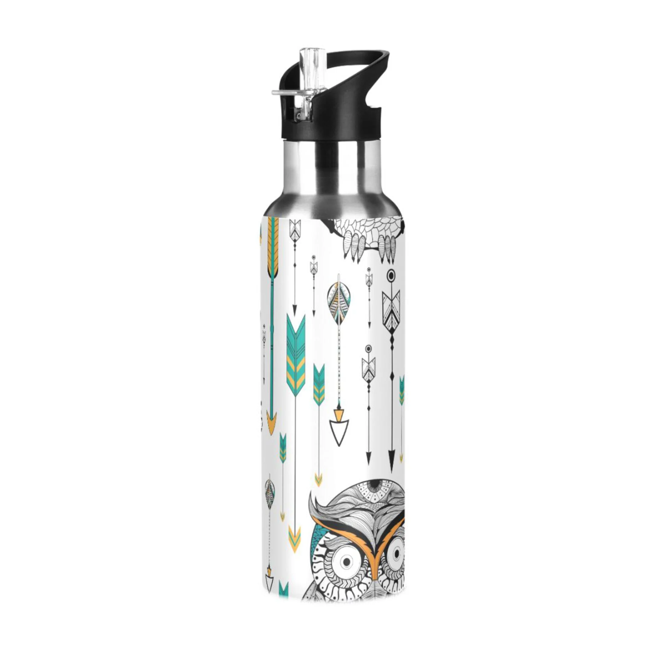 Water Bottle with Straw Lid Leak Owl Boho Aztec Bohemian Stainless Steel Insulated Thermos Vacuum Flask for Cold Hot Drinking for Sports Camping Gym Yoga