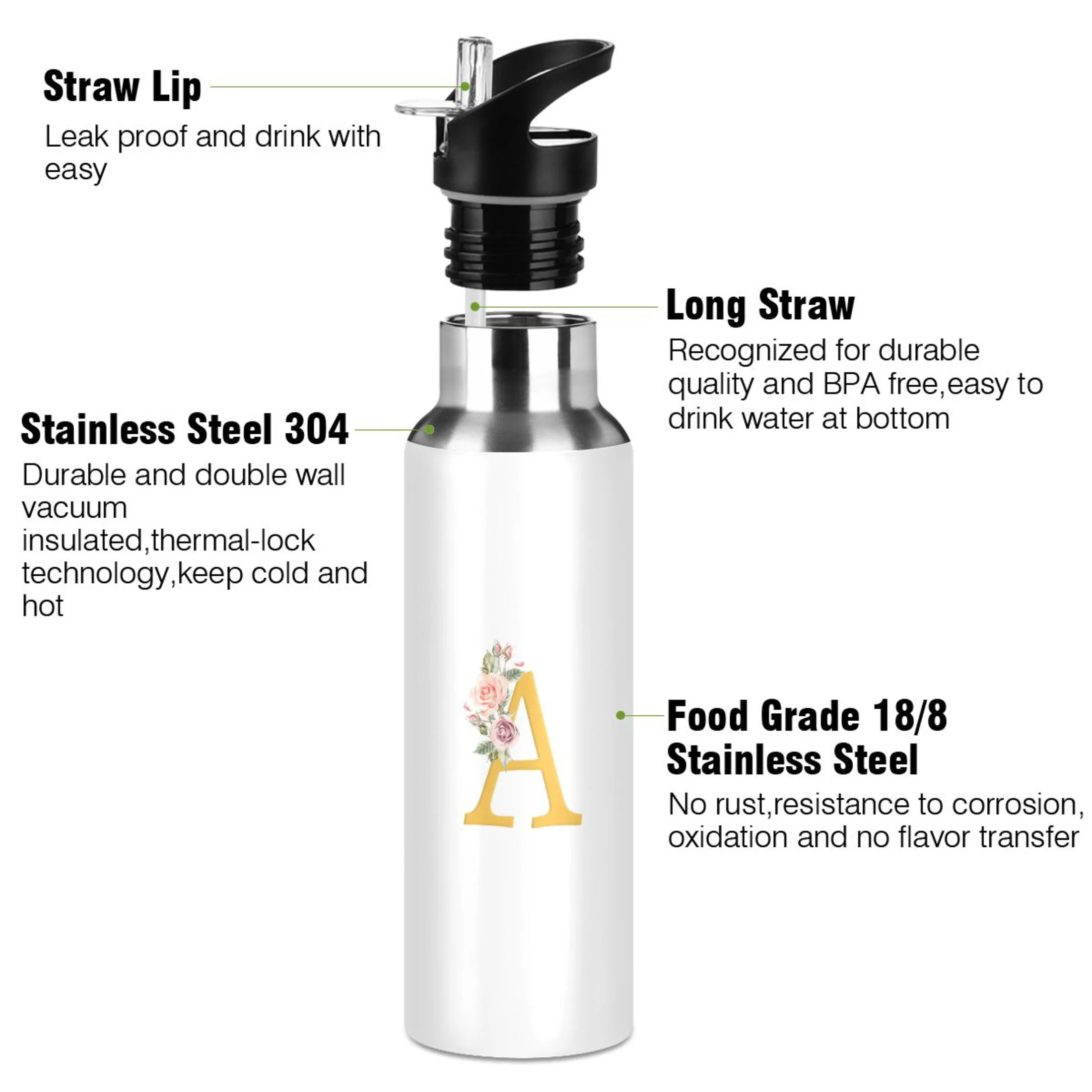 Water Bottle with Straw Lid Leak A Stainless Steel Insulated Thermos Vacuum Flask for Cold Hot Drinking for Sports Camping Gym Yoga