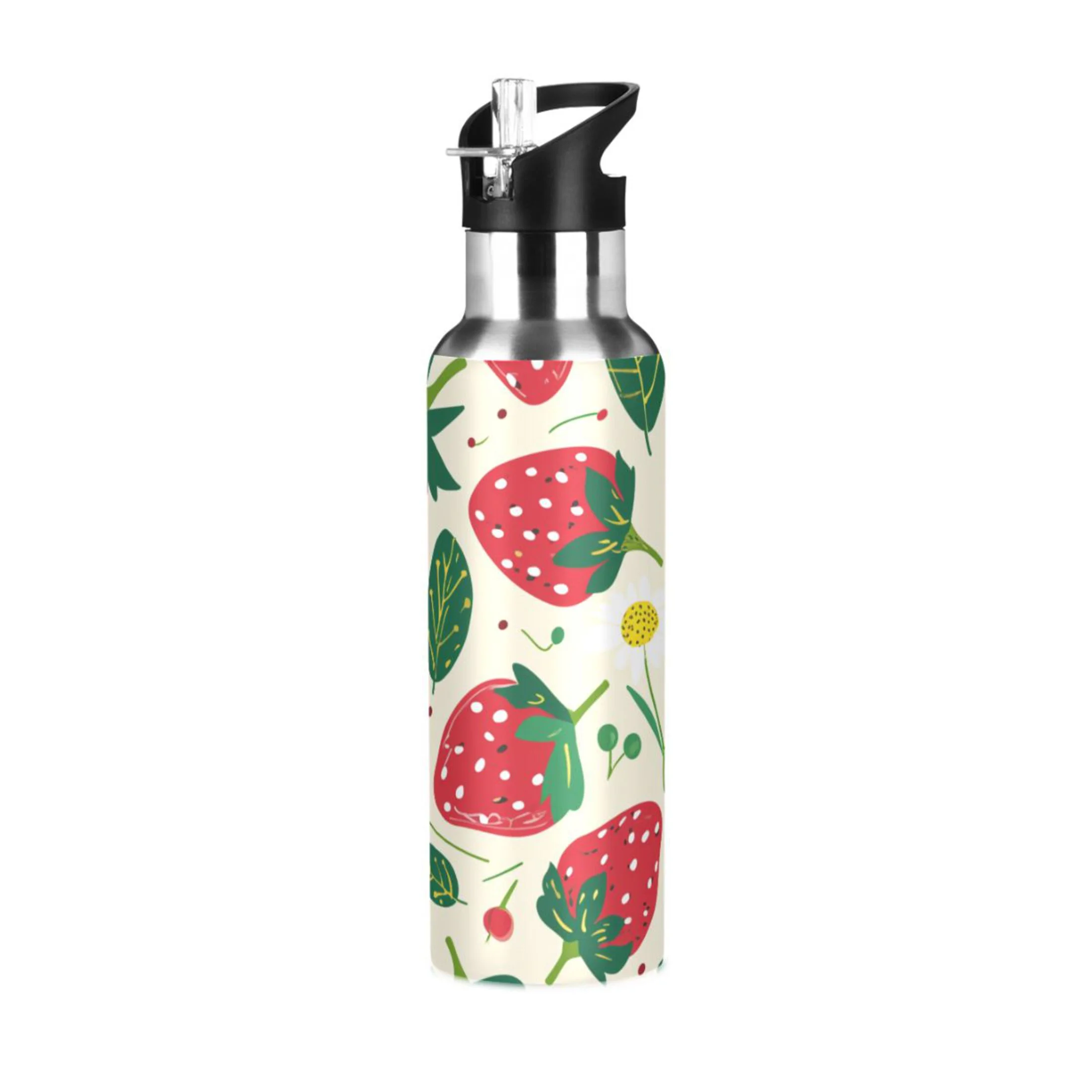 Strawberry Fruit Water Bottles Insulated Thermos Kids Stainless Steel Bottle with Straw Lid Flask Leakproof for Sports Gym 20 oz