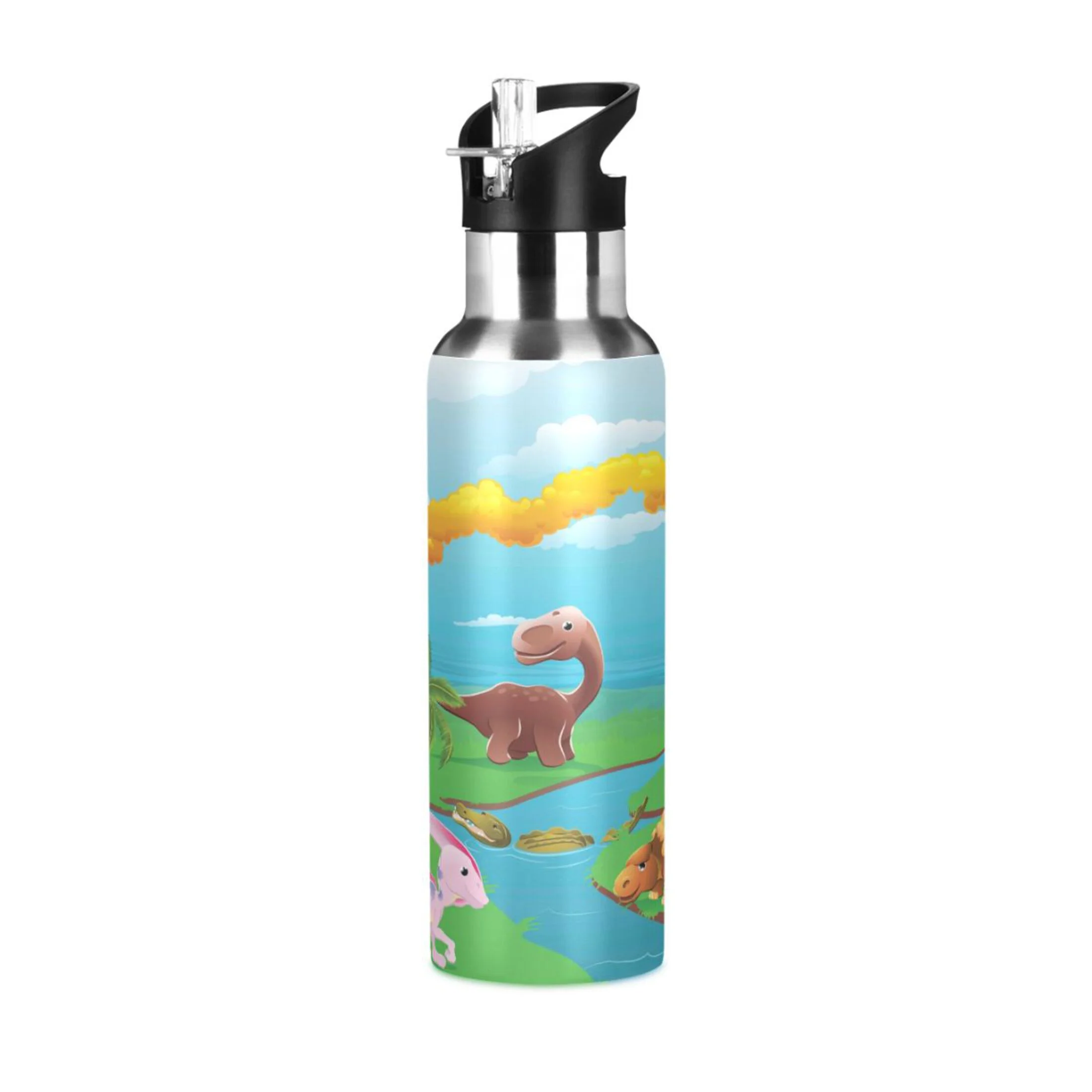 Stainless Steel Water Bottle Cartoon Dinosaurs with Straw Lid Vacuum Insulated Keeps Hot and Cold Leak Proof Flask Jug for Gym Travel Sports Cycling Outdoor 20 OZ