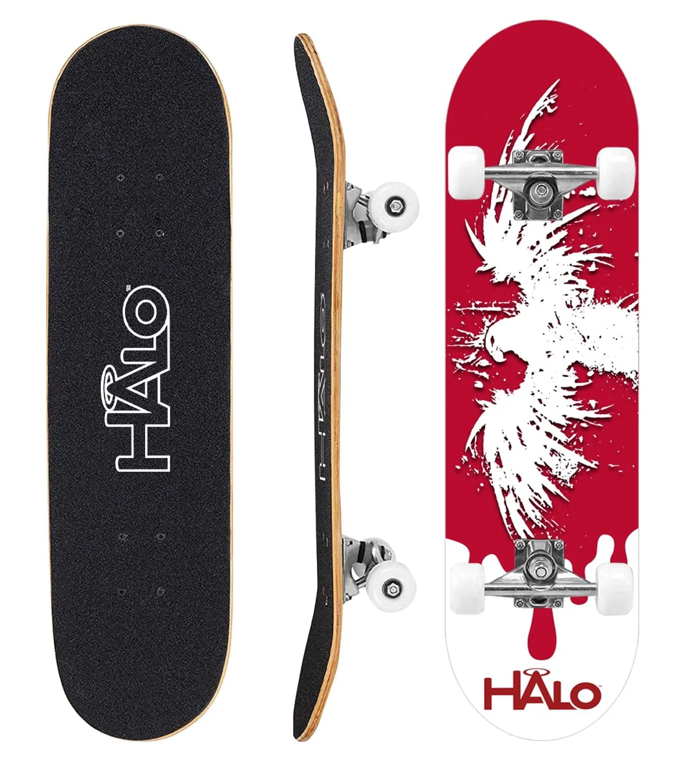 Halo Rise Above Skateboard Combo - Red Patriot - 1 Skateboard with Double Kick Tail Deck and 60mm Wheels + 1 Skateboard Helmet with Black Shell and Size Adjusting Ring inside - Unisex