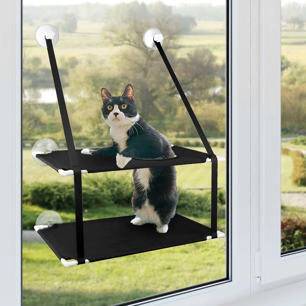 Petbobi Cat Window Perches 2 Layered Hammock Cat Bed up to 55 lb, 20'' x 12'' x 26.4'', Black