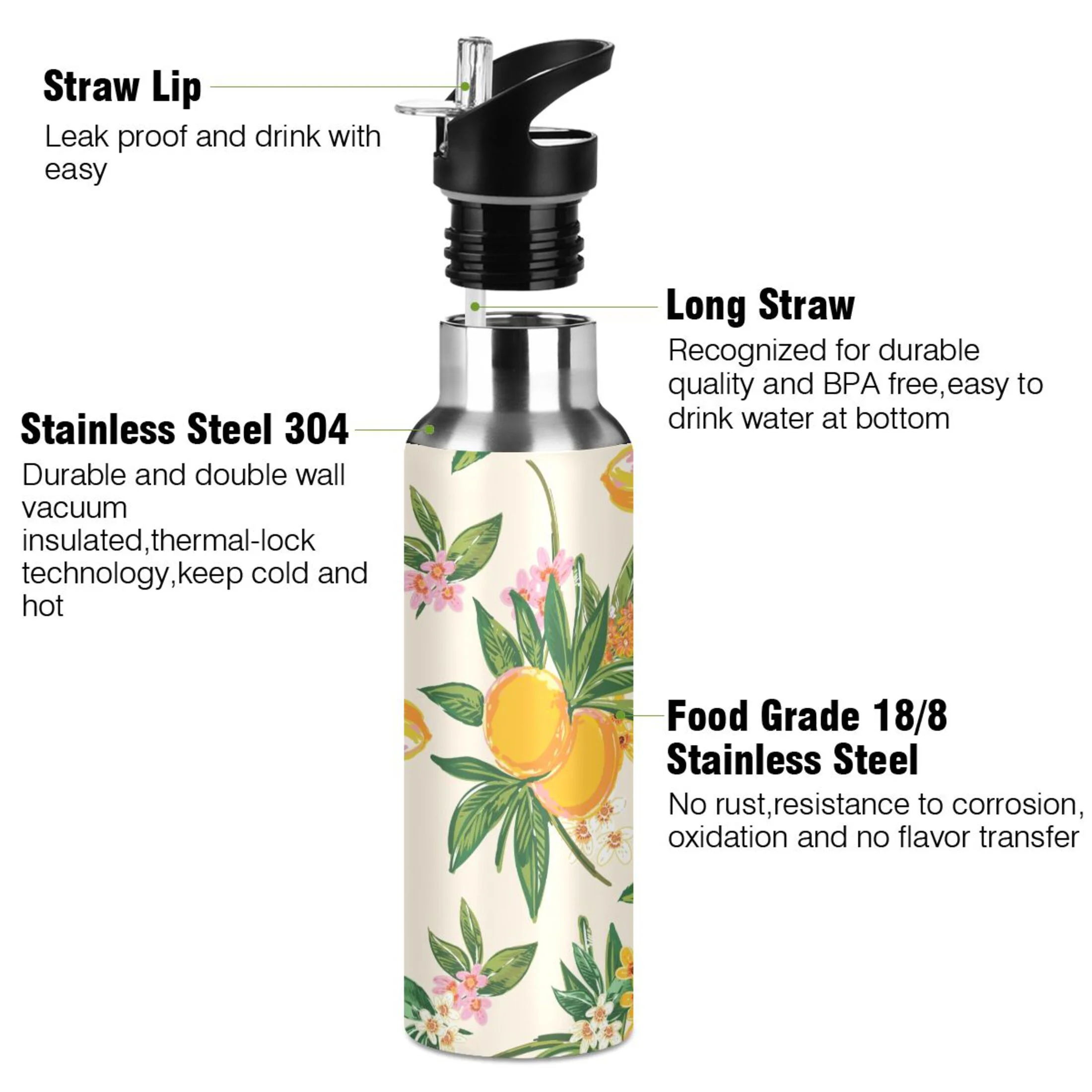 Lemon with Floral Spring Water Bottles Insulated Thermos Kids Stainless Steel Bottle with Straw Lid Flask Leakproof for Sports Gym 20 oz