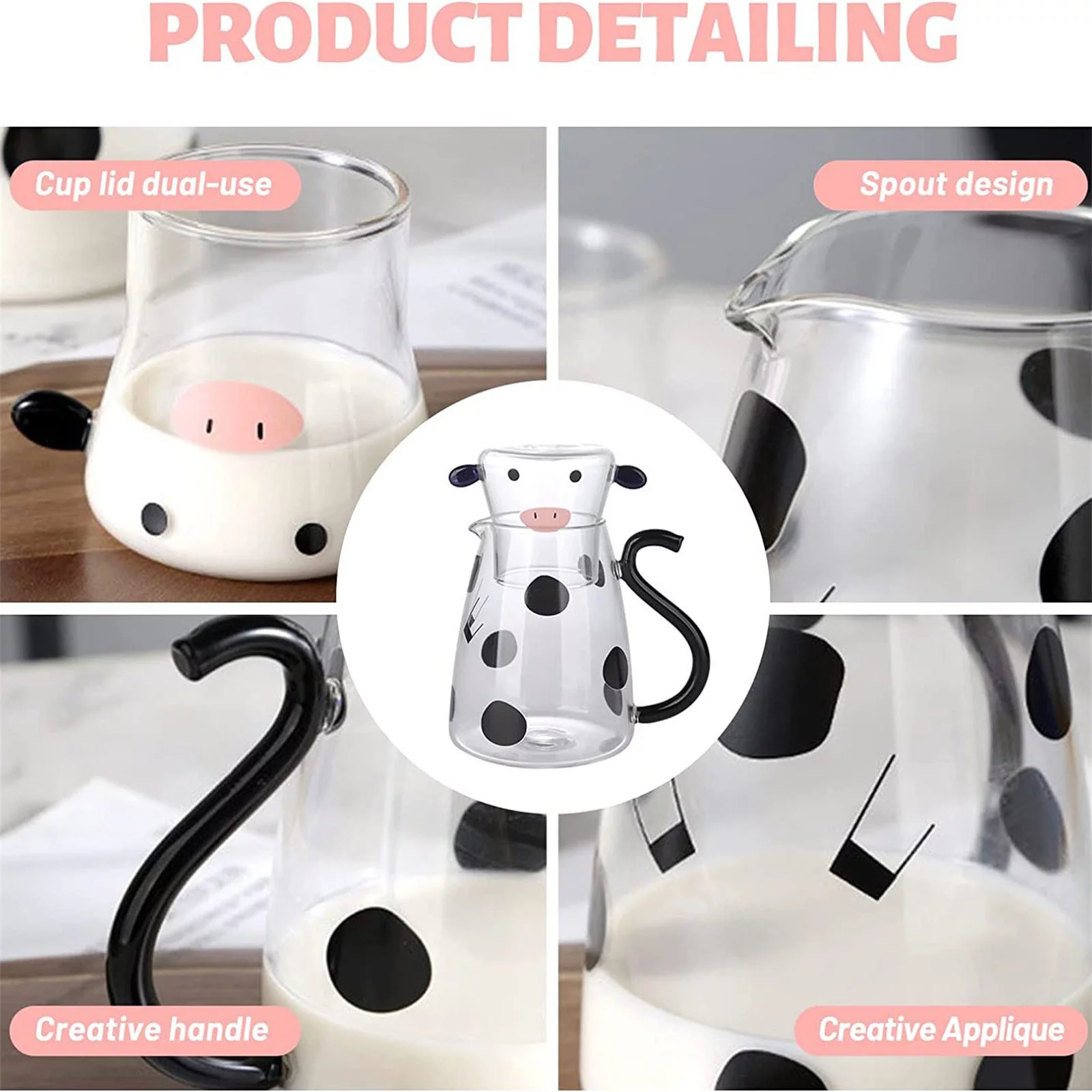 Cartoon Cow Clear Glass Night Water Bottle Set With Glass Water Bottle And Night Cup