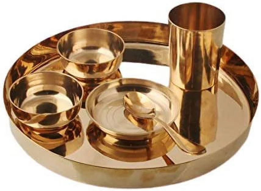 Mayur Exports Bronze Kansya Utensil| 6 Piece Dinner Thali Set|1 Dinner Plate 2 Bowl 1 Rice Plate 1 Glass & 1 Spoon|Home , Hotel Restaurant