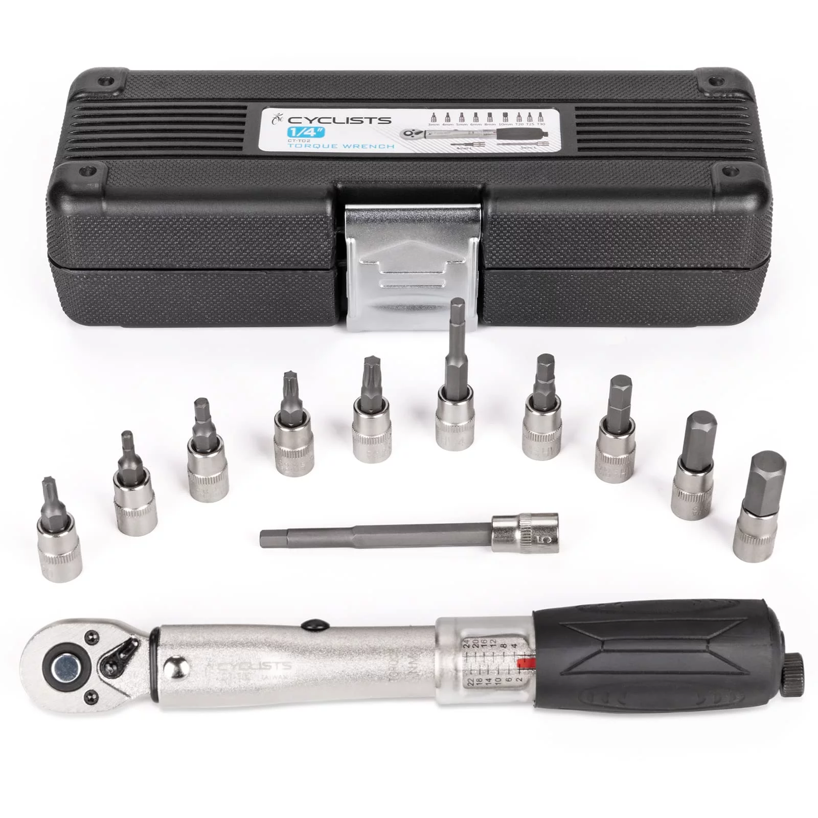 cyclists 1/4 Inch Drive Click Torque Wrench Set –2 to 24Nm – Bicycle Maintenance Kit for Road & Mountain Bikes - Includes Allen & Torx Sockets, 4mm 5mm Extension Bar & Storage Box