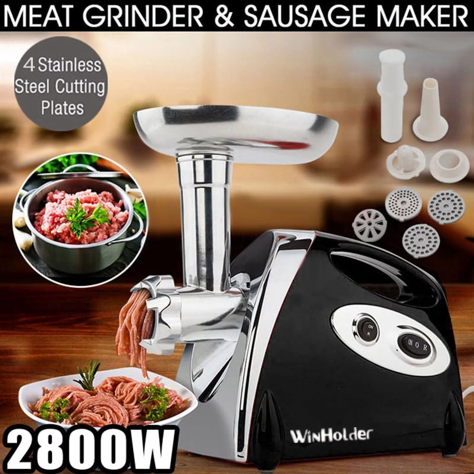 WinHolder Electric Meat Grinder Kitchen Food Sausage Mincer 4Blades 2800W Black