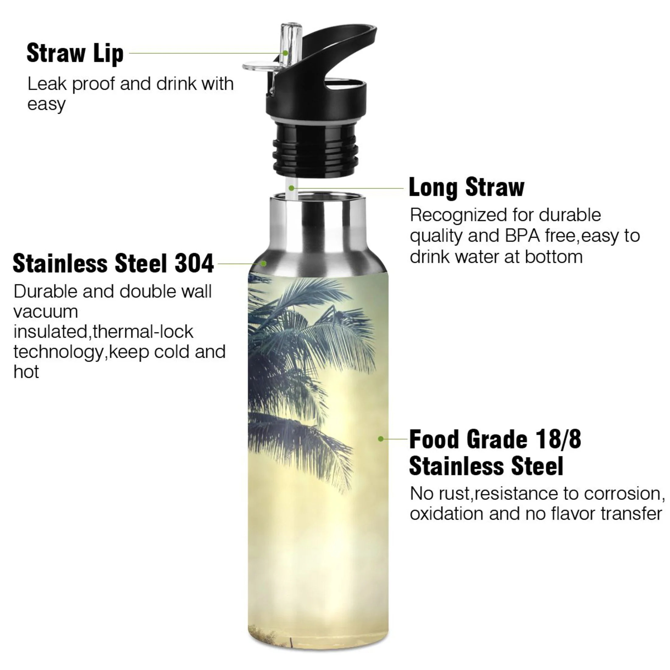 Retro Palm Tree Landscape Water Bottles Insulated Thermos Kids Stainless Steel Bottle with Straw Lid Flask Leakproof for Sports Gym 20 oz