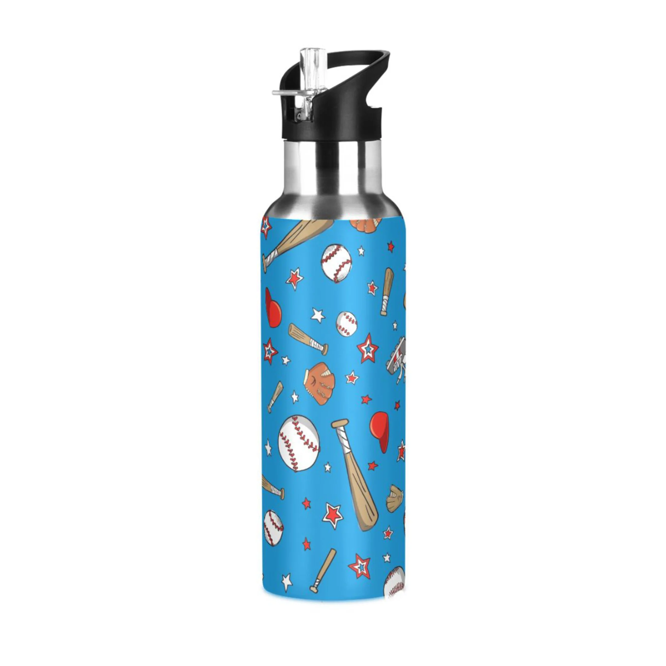 Water Bottle with Straw Lid Leak Baseball Sports Pattern Stainless Steel Insulated Thermos Vacuum Flask for Cold Hot Drinking for Sports Camping Gym Yoga