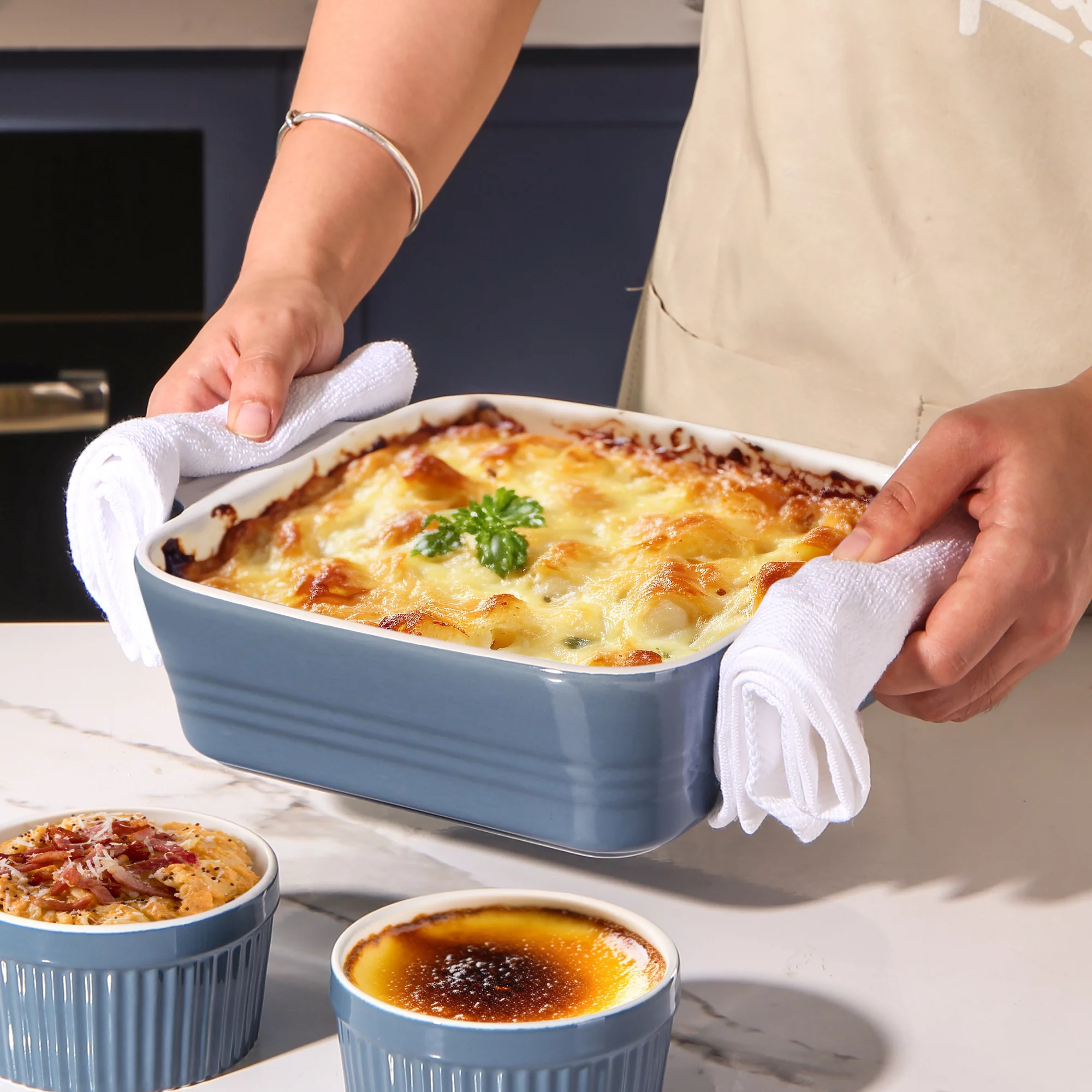 DOWAN Casserole Dish and Ramekins, 8x8 Ceramic Baking Dish with Handles and 8oz Ramekins set of 2 , Deep Baking Pan for Cooking Turkey, Porcelain Ramekins Bowls for Creme brulee Souffle, Airy Blue