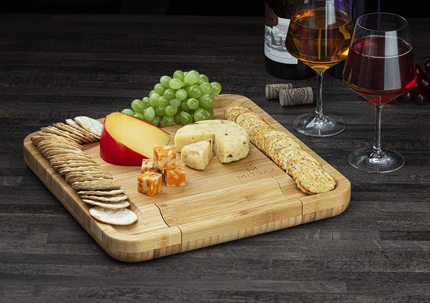 Mitbak Cheese Board Tray with 4 Cheese Knives | Bamboo Charcuterie Board Serving Tray | Cutting Board Platter Great Gift For Mothers Day, Anniversary, Bridal Shower, Wedding | 13 x 13 x 1 Inches
