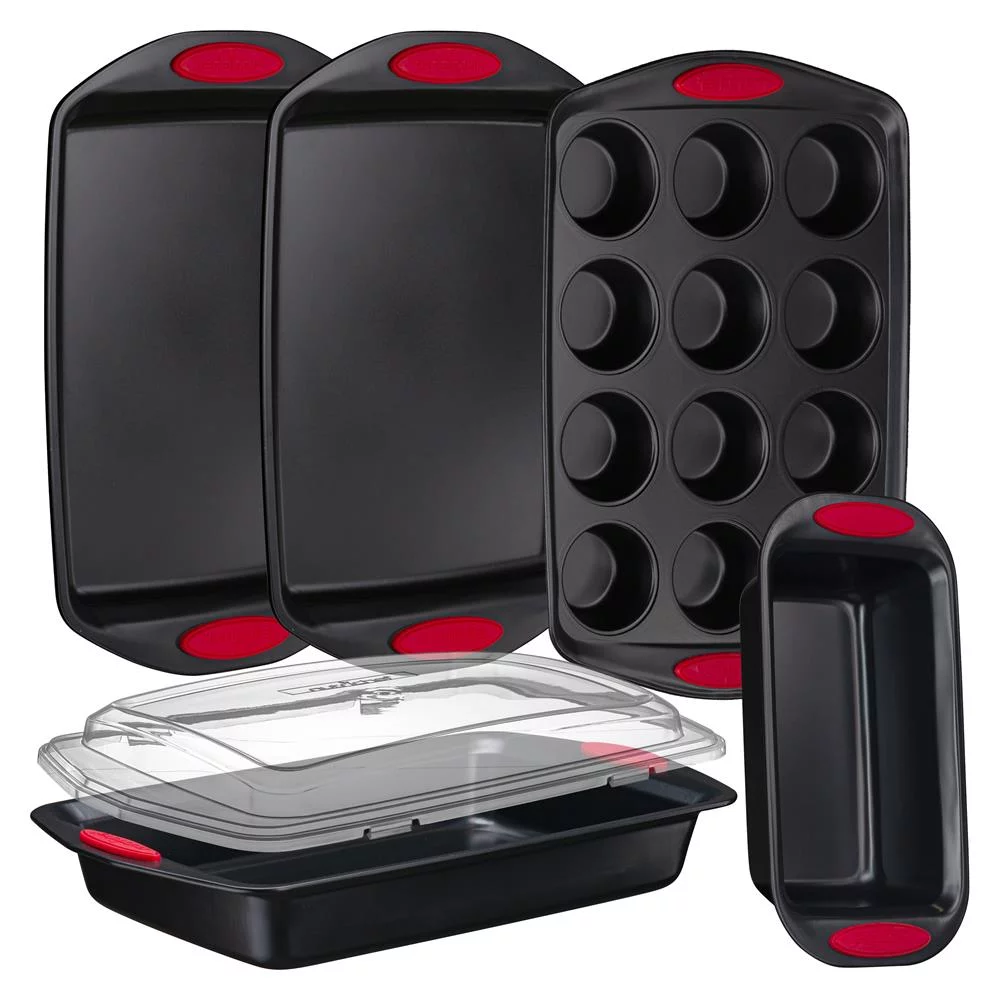 NutriChef 6-Piece Baking Pan Flexible Nonstick Black Coating Carbon Steel Bakeware W/ Red Handles