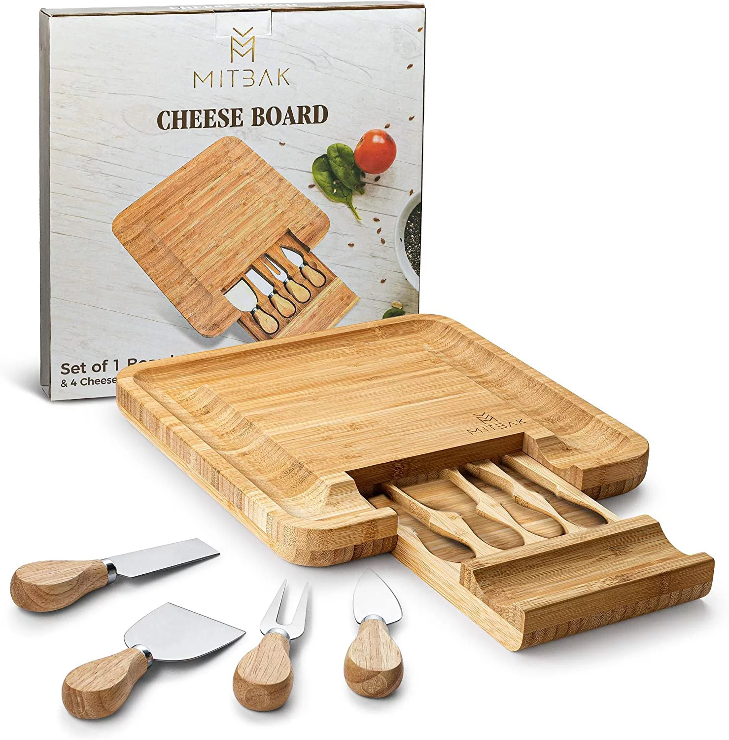 Mitbak Cheese Board Tray with 4 Cheese Knives | Bamboo Charcuterie Board Serving Tray | Cutting Board Platter Great Gift For Mothers Day, Anniversary, Bridal Shower, Wedding | 13 x 13 x 1 Inches