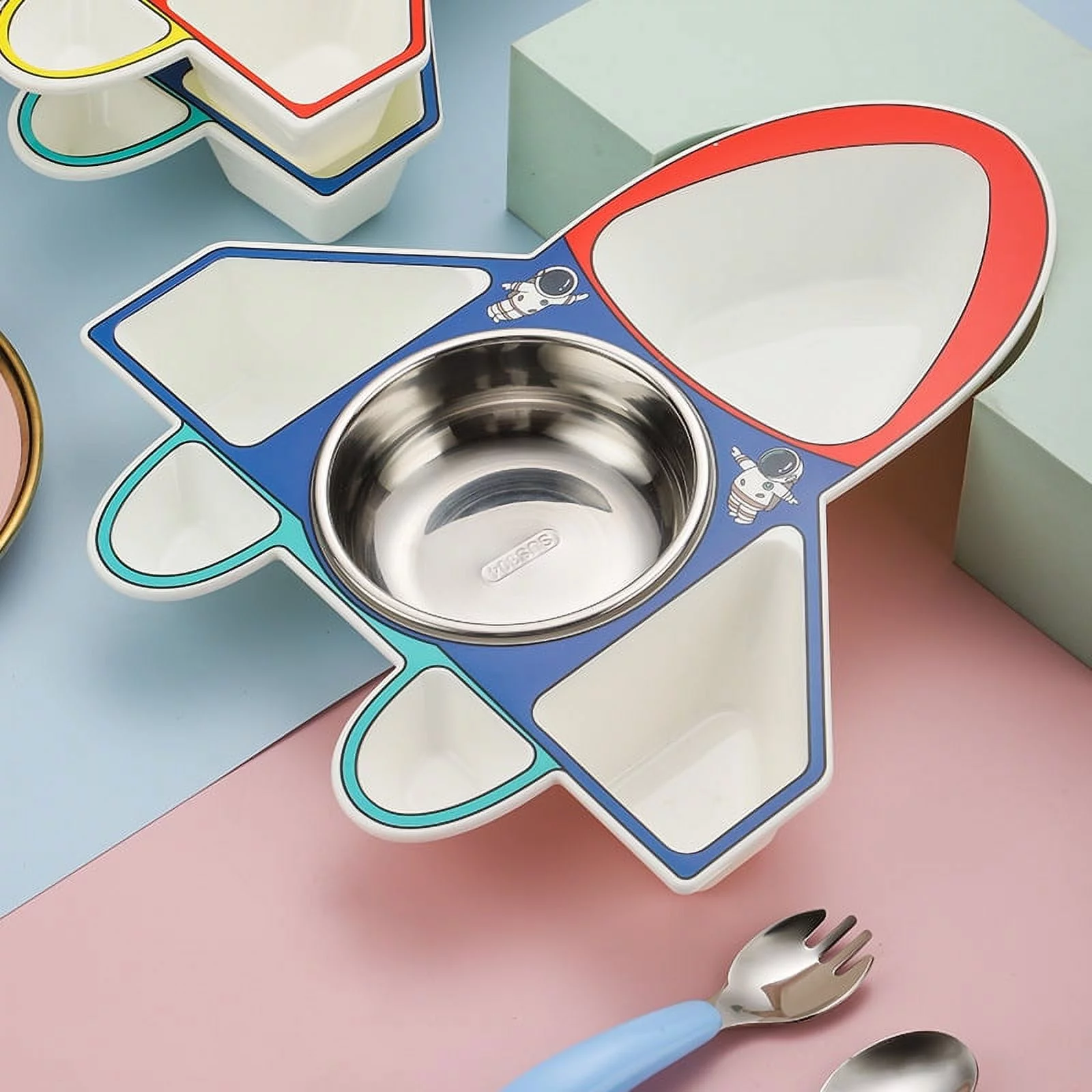 JVMU Kids Airplane Food Plates 4 Grids with Stainless Steel Spoon and Fork Set for Baby Toddler Self-Feeding Training, Blue