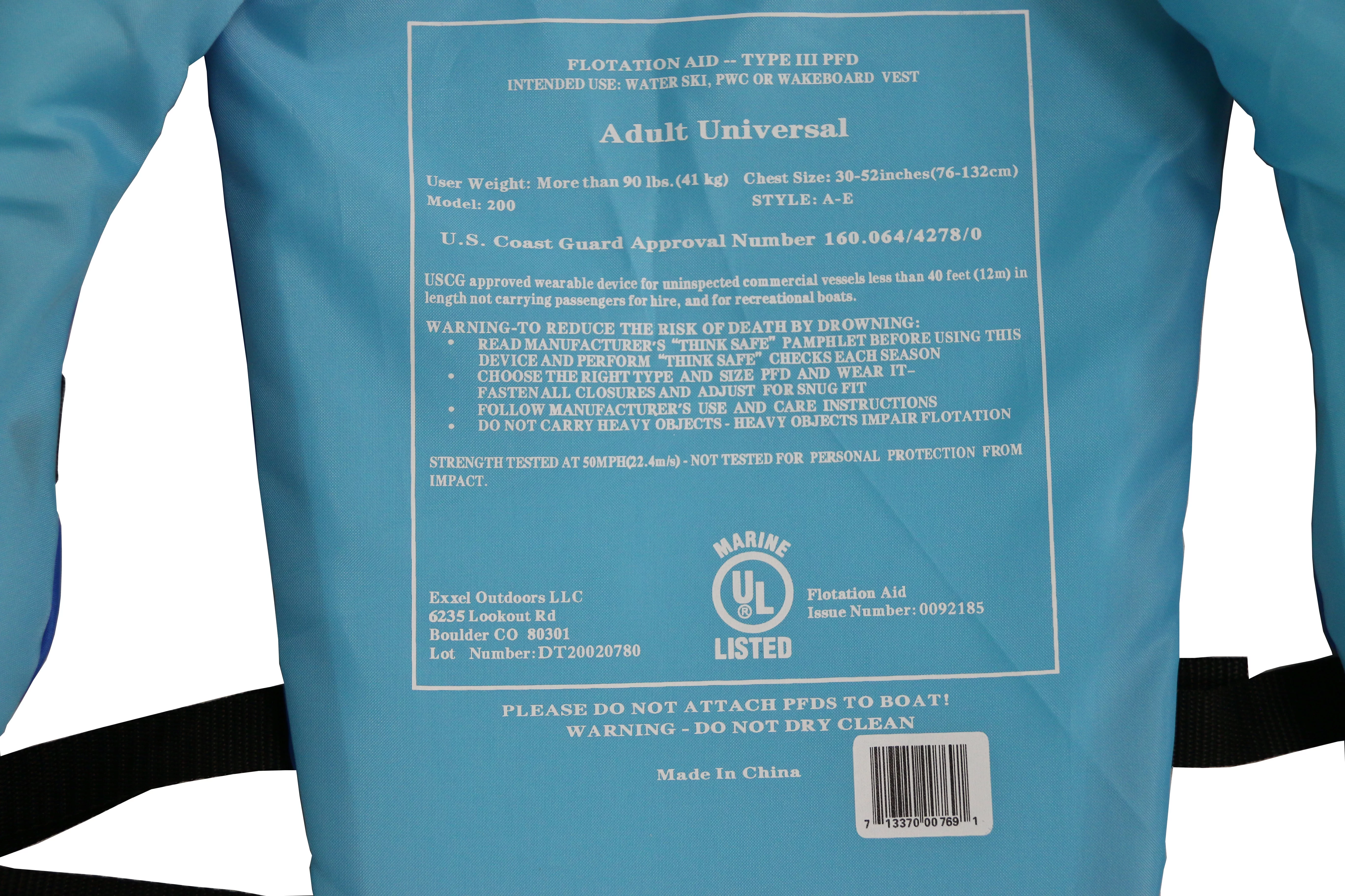 X2O Universal Life Vest Adult, 30 in.- 52 in. Chest