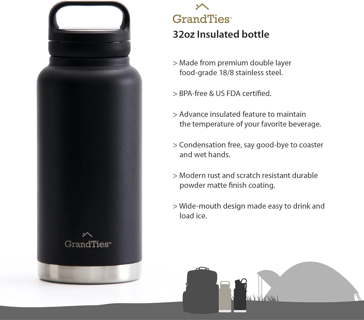 GrandTies 2 Lids Sports Stainless Steel Water Bottles &ndash; Wide Mouth Vacuum Insulated Reusable Leak Proof BPA-Free Travel Metal Canteen, Thermos Bottles for Men Women Gym