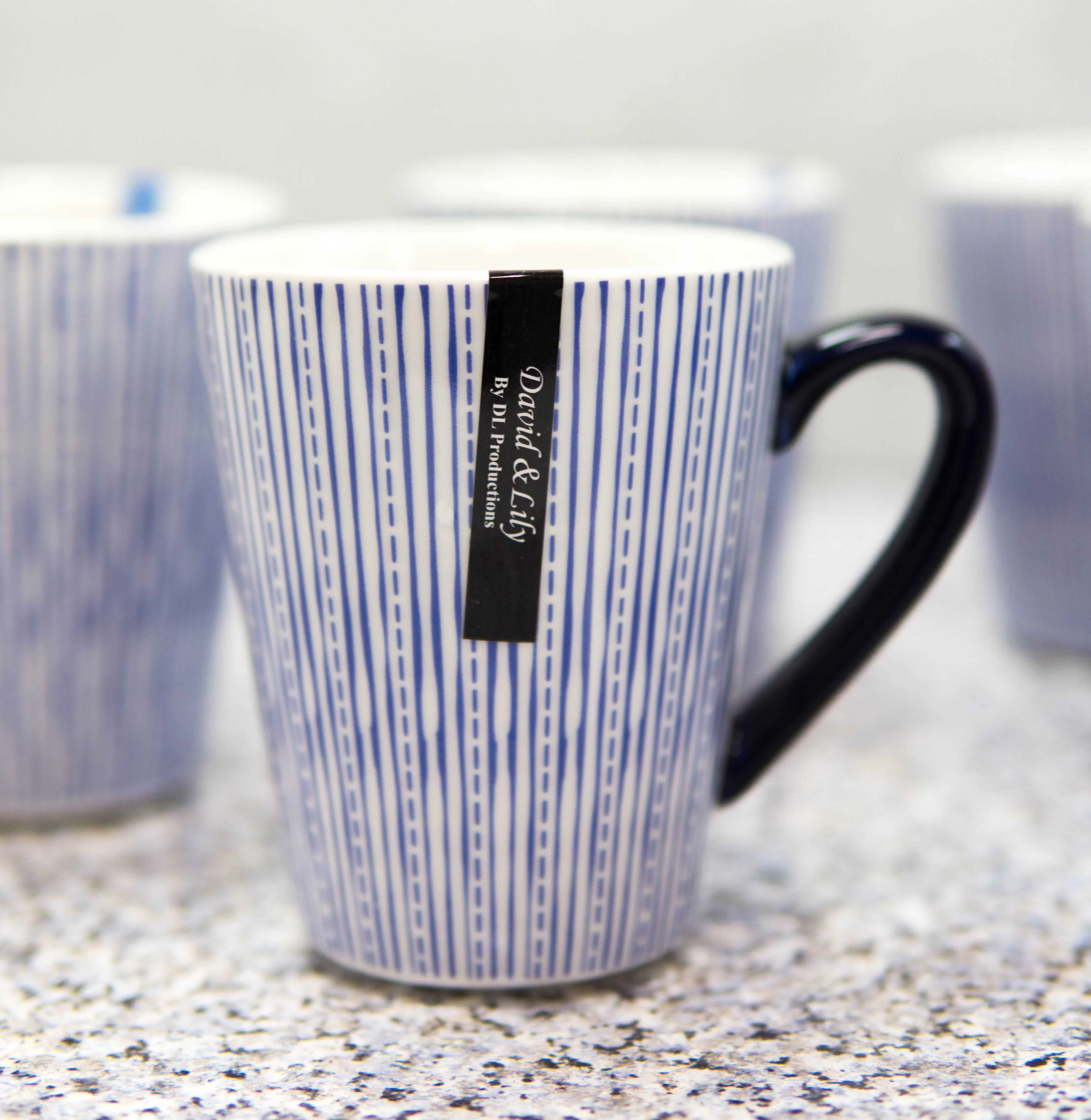 Set of 6 Eleanor Blue And White Linear Patterns Contemporary Porcelain Mugs 10oz