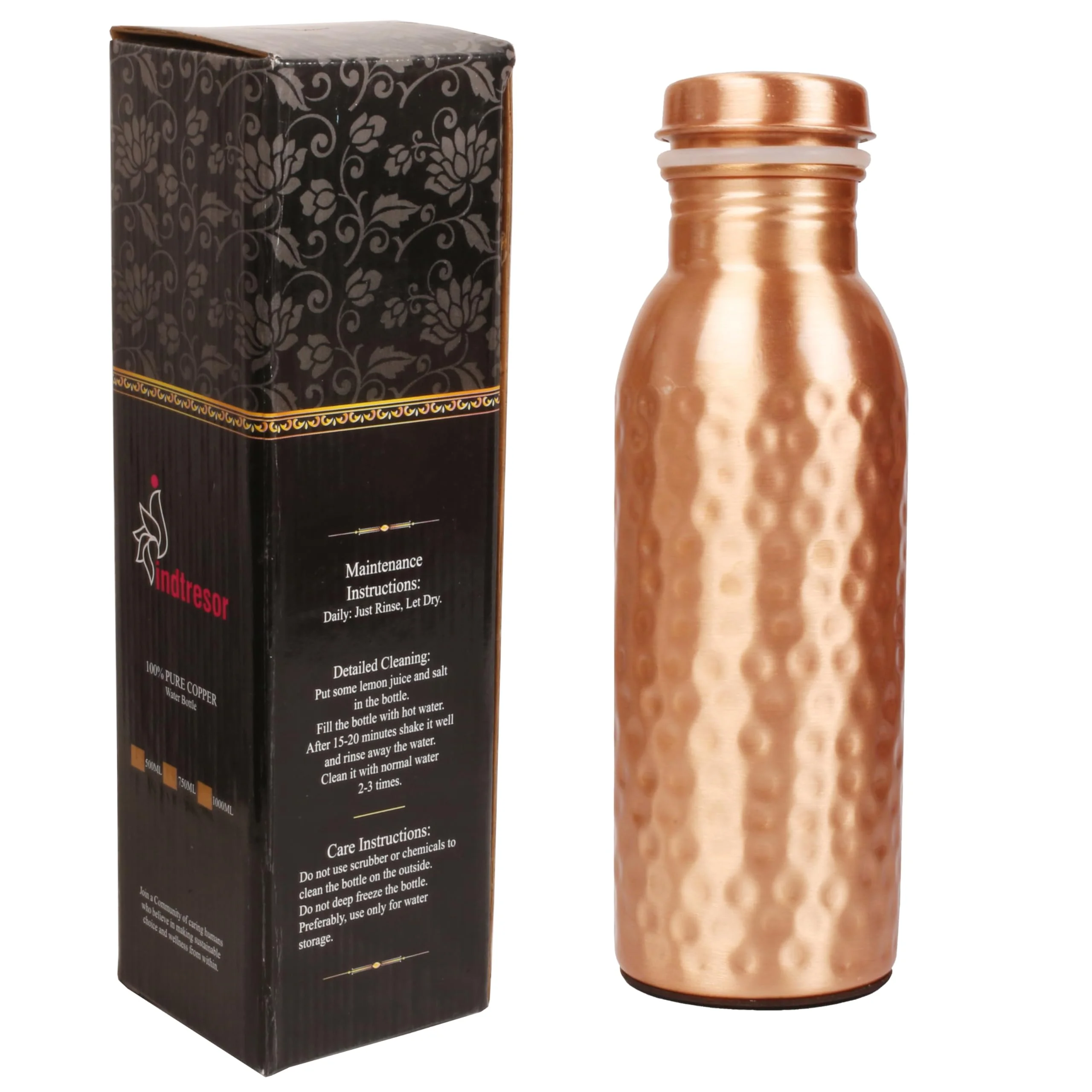 Indtresor Pure Copper Water Bottle - Handcrafted - Ayurveda health benefits - Small 15 oz - Leak proof, Easy to carry for Sports, Fitness, Yoga, School - Natural Hammered Beaten Copper Finish