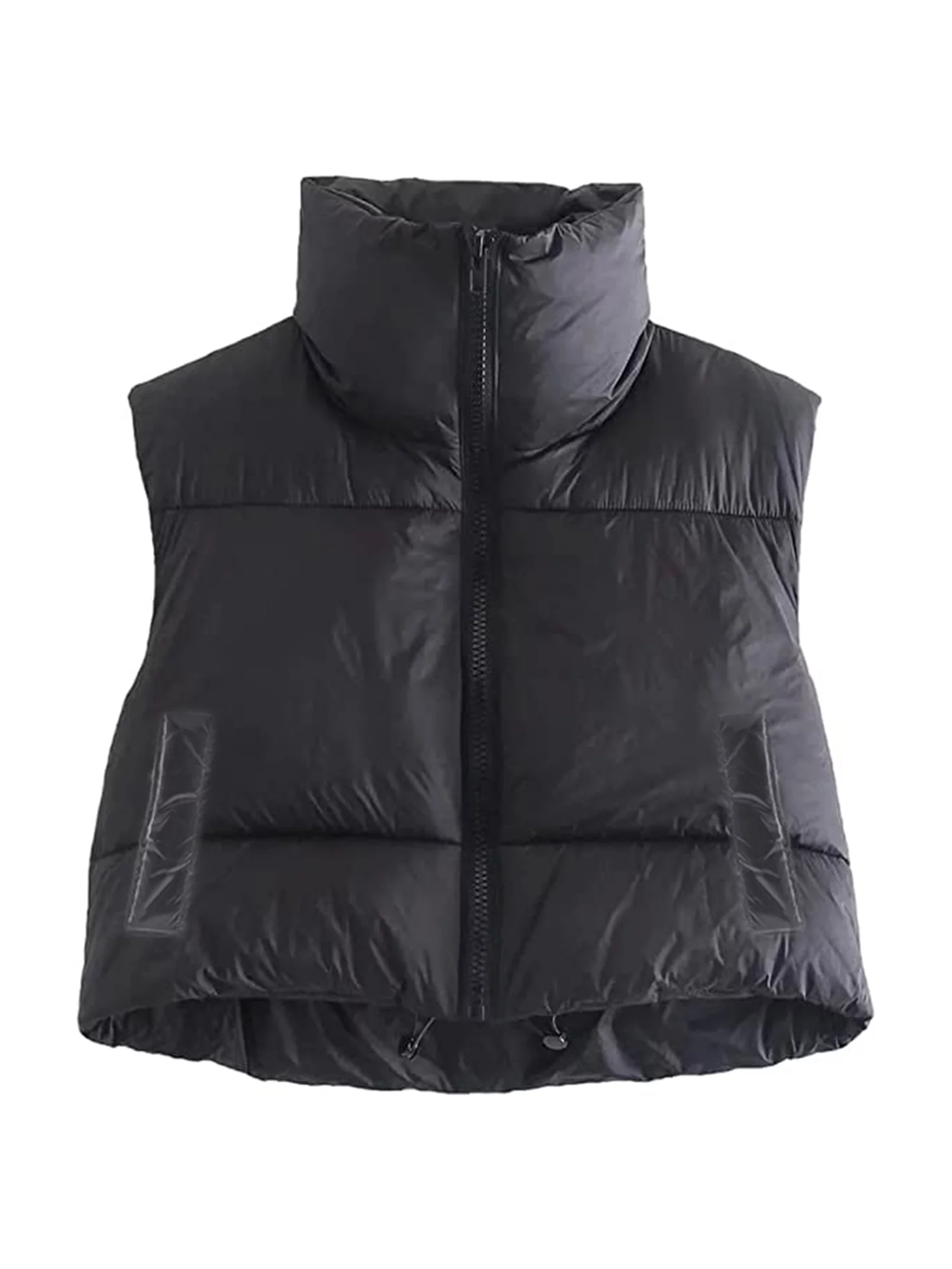 CenturyX Women Winter Warm Cropped Waistcoat Zip Up Stand Collar Sleeveless Puffy Puffer Padded Vest Lightweight Outerwear Black M