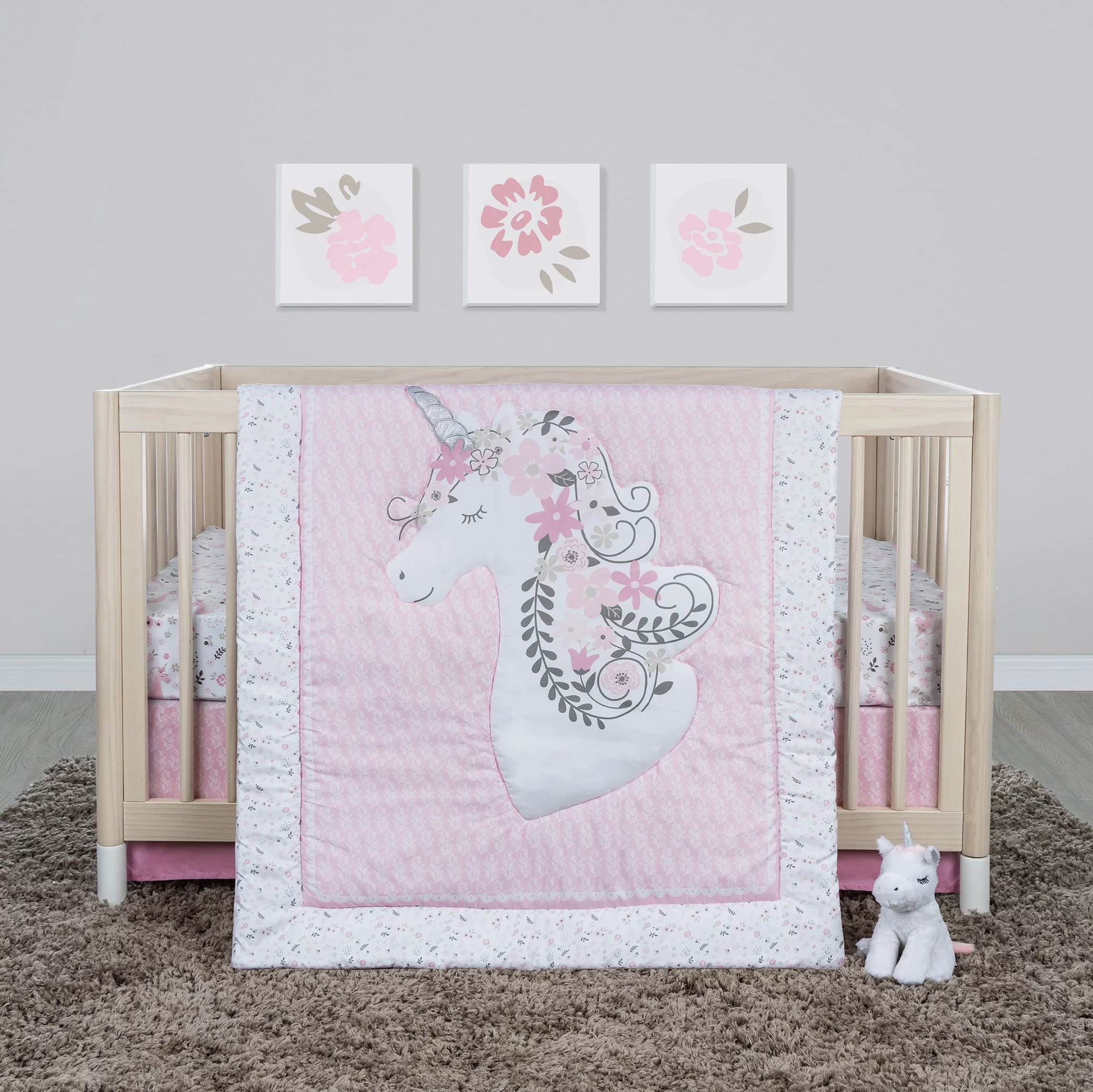 Sammy & Lou Unicorn Floral 4 Piece Crib Bedding Set, Pink, Infant, Unicorn Character, 200 Thread Count, Infant