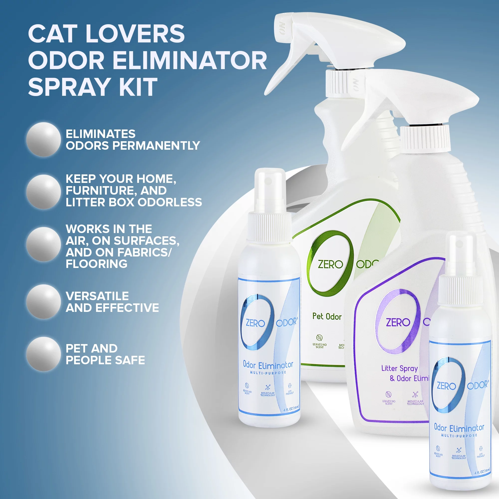 Zero Odor Cat Odor Eliminator Spray Kit with Litter Box Deodorizer Smell Remover