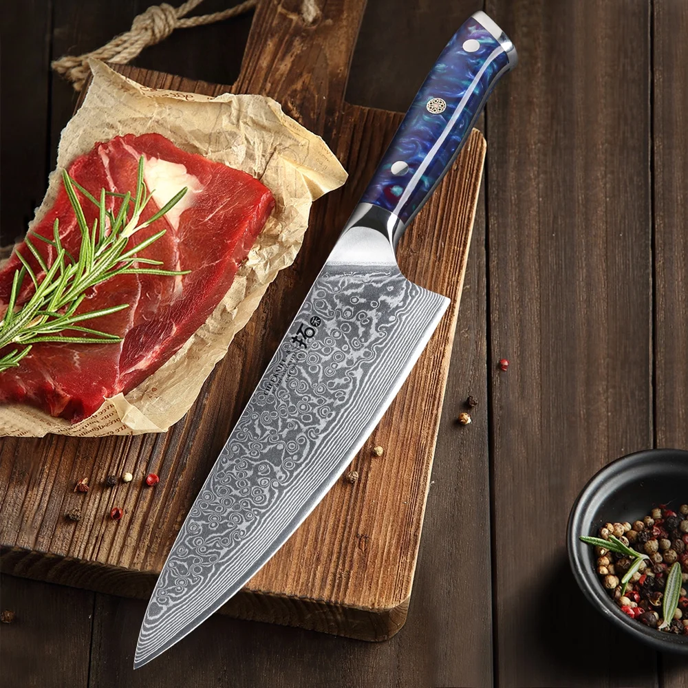 TURWHO 8inch Chef Knife Japanese VG10 Damascus Steel Kitchen Knife, Cook Knife, with Blue Resin Handle