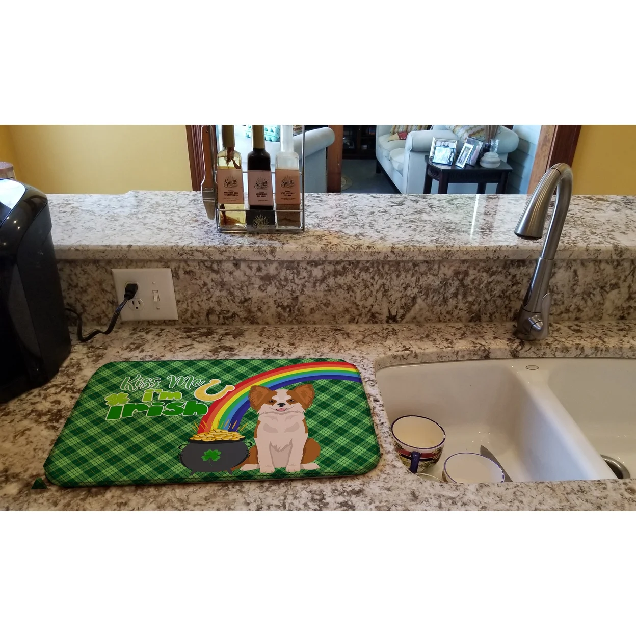 Longhaired Red and White Chihuahua St. Patrick's Day Dish Drying Mat 14 in x 21 in