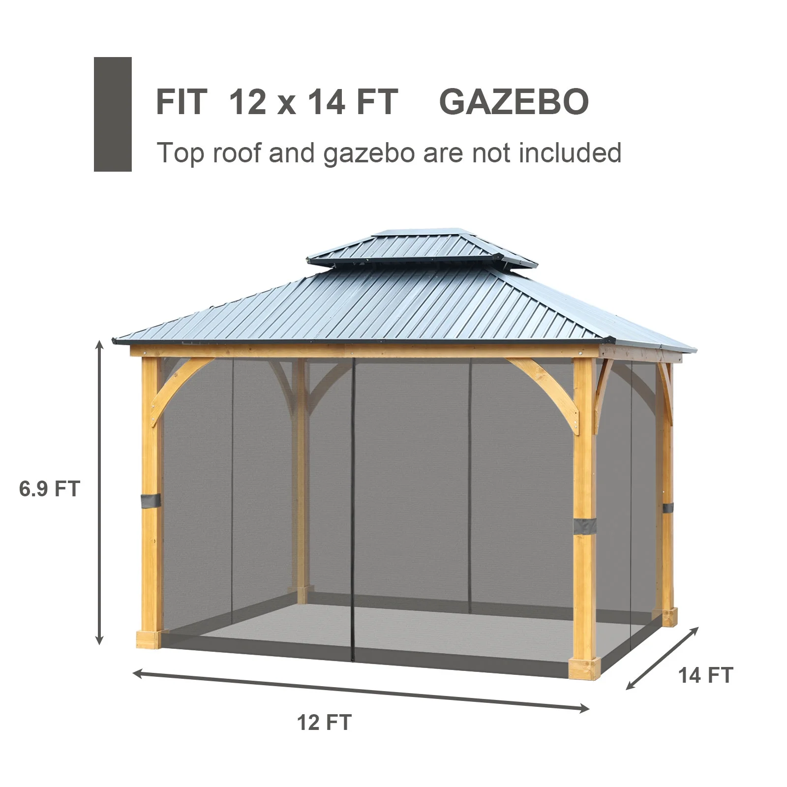 Aoodor Universal 12 x 14 ft. Gazebo Replacement Mosquito Netting Screen 4-Panel Sidewalls with Double Zipper for Patio Backyard Deck and Lawns (Only Netting)