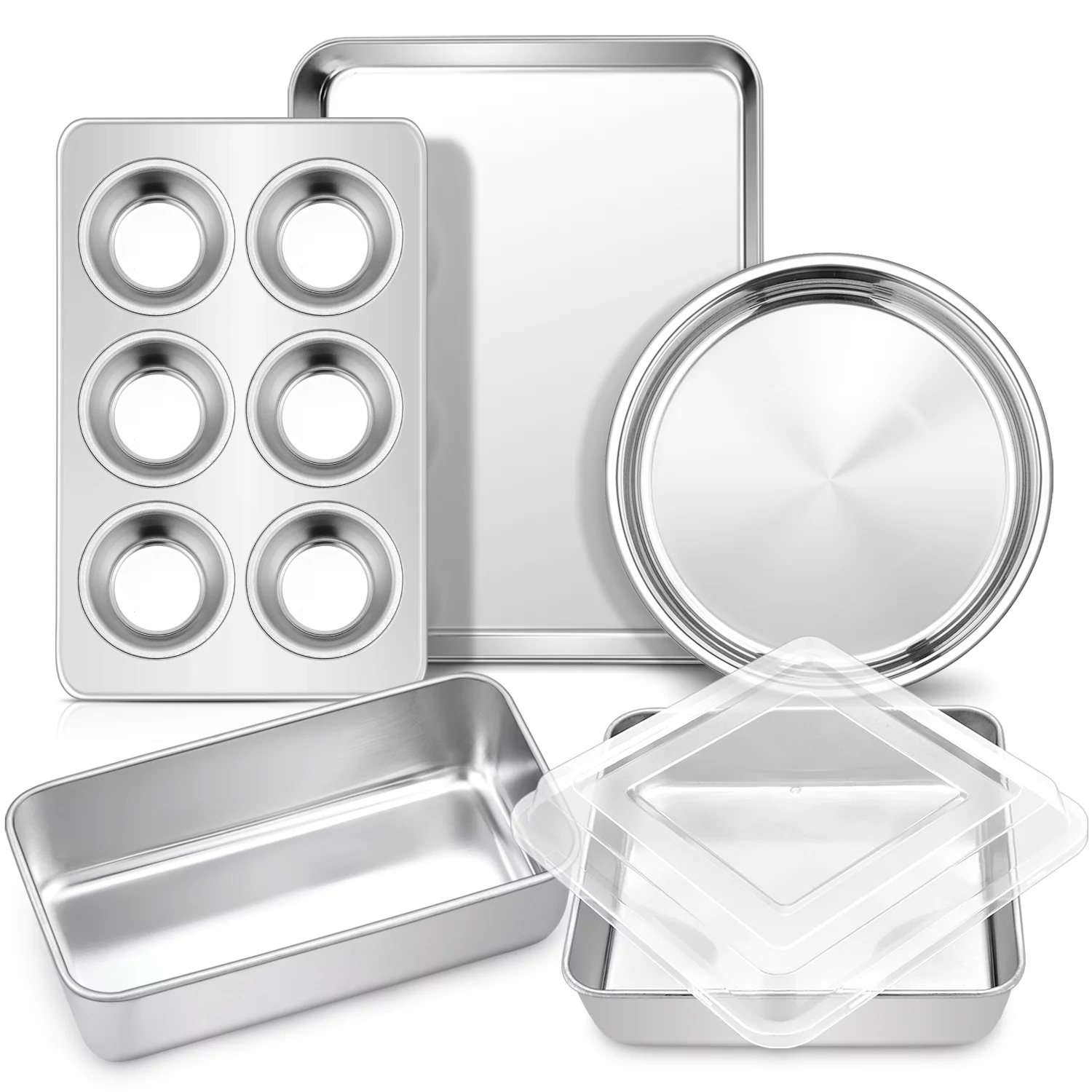 Walchoice Stainless Steel Bakeware Set of 6, Metal Toaster Oven Pans, Professional Baking Pans Include Cookie Sheet, Loaf & Muffin Pan