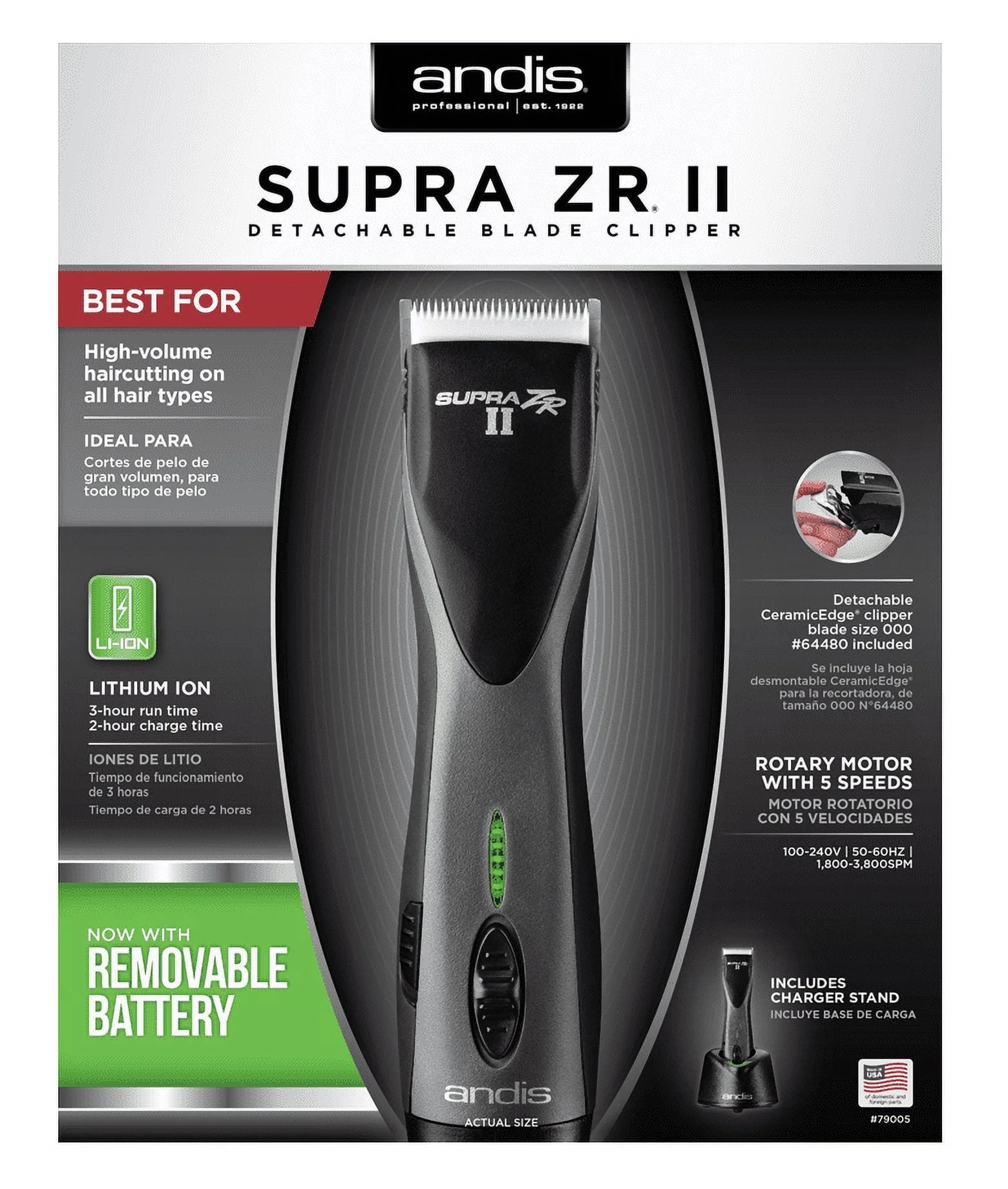 Andis Supra ZR II Cordless Ion Clipper DBLC-2 (79005) with BeauWis Blade Brush