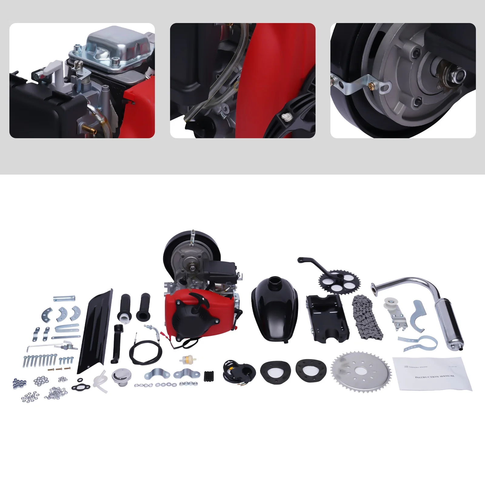 Anqidi 49CC 4 Stroke Petrol Bike Engine Motor Kit Single Cylinder Air-cooled w/Double Chain Drive Gas Motorized Bicycle Engine Motor Kit Belt Gear