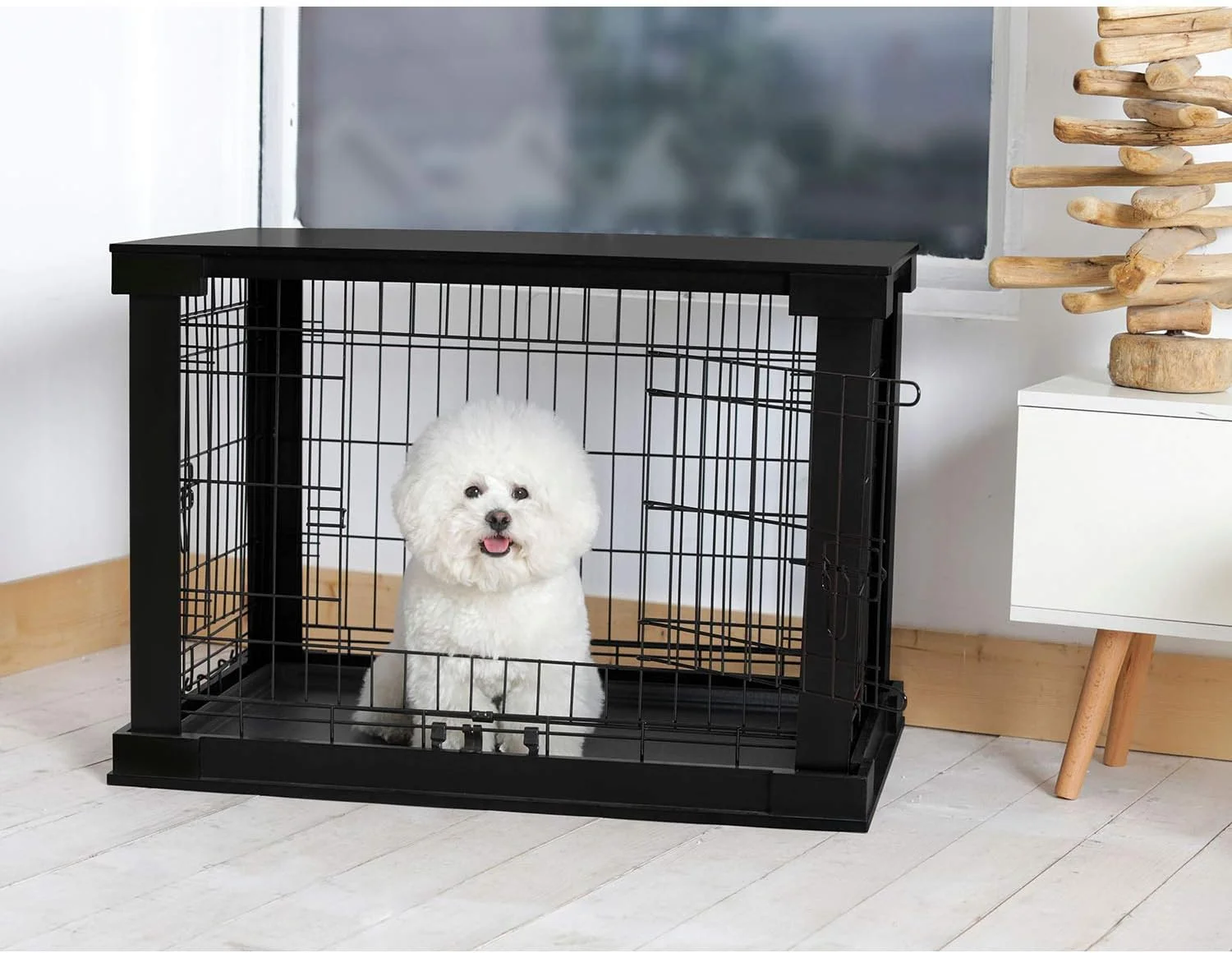 Products 2 Door Decorative  Kennel With Wooden Protection Cover, Divider Insert,  Removable Tray End Or Side Table, Black