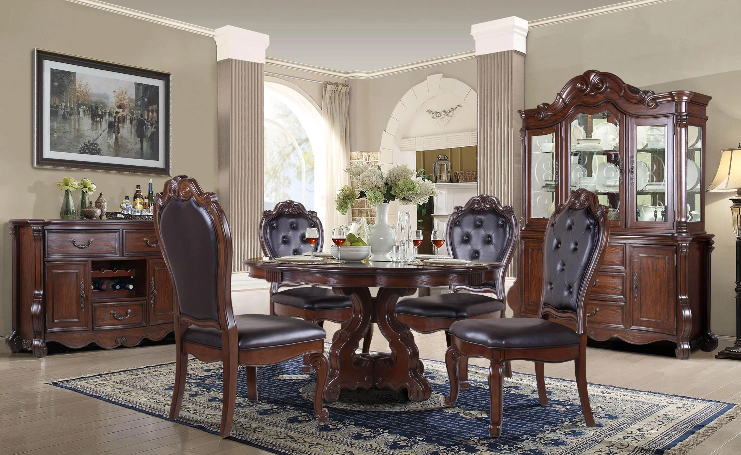 Traditional Cherry Finish Round Dining Room Set 7 Pcs w/China McFerran D527-6060