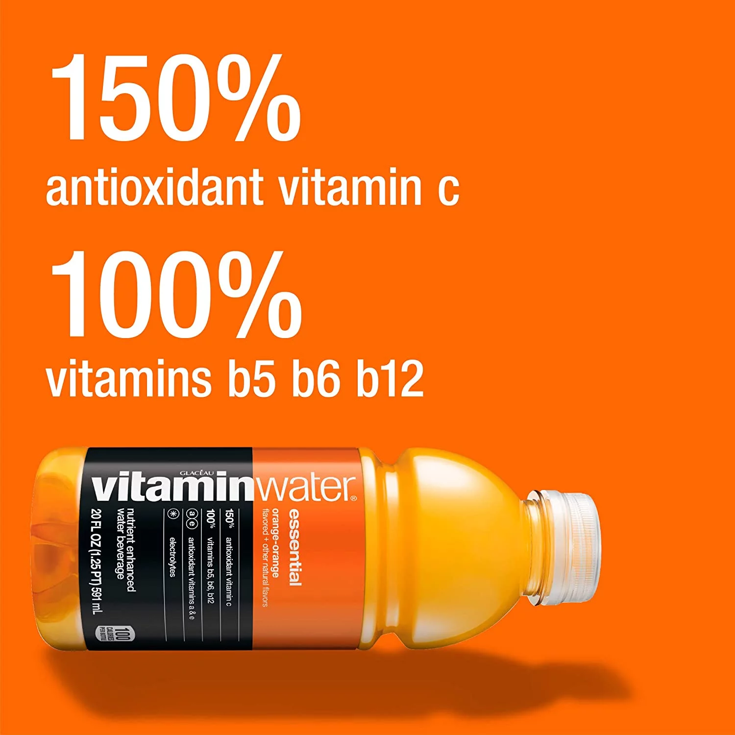 vitaminwater Essential, Orange-Orange Flavored, Electrolyte Enhanced Bottled Water with Vitamin B5, B6, B12, 20 Fluid Ounce, 12 Pack