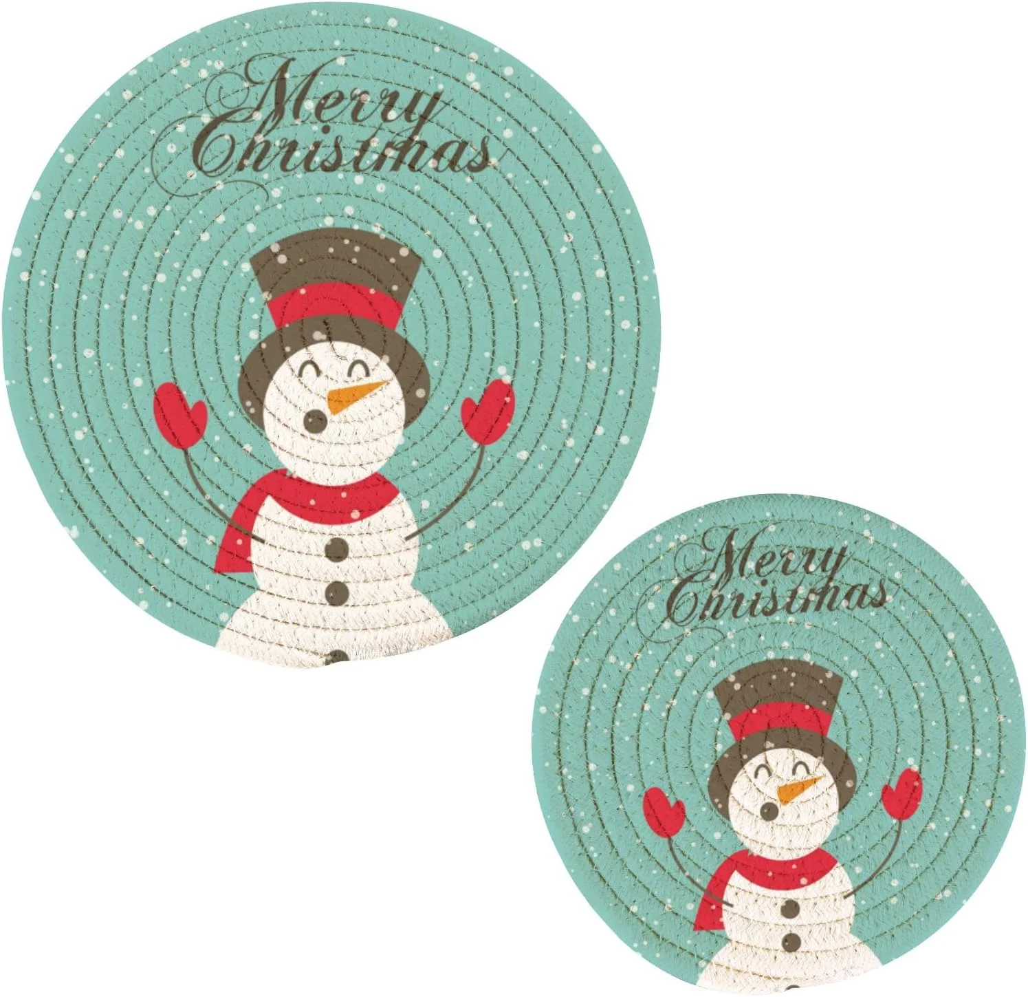 GZHJMY Cute Christmas Snowman Heat Resistant Trivets Potholders 2PCS, Round Cotton Weave Handmade Pot Holder, Non-Slip Hot Mats Kitchen Dining Plate Mat for Kitchen Pans Bowl Teapot