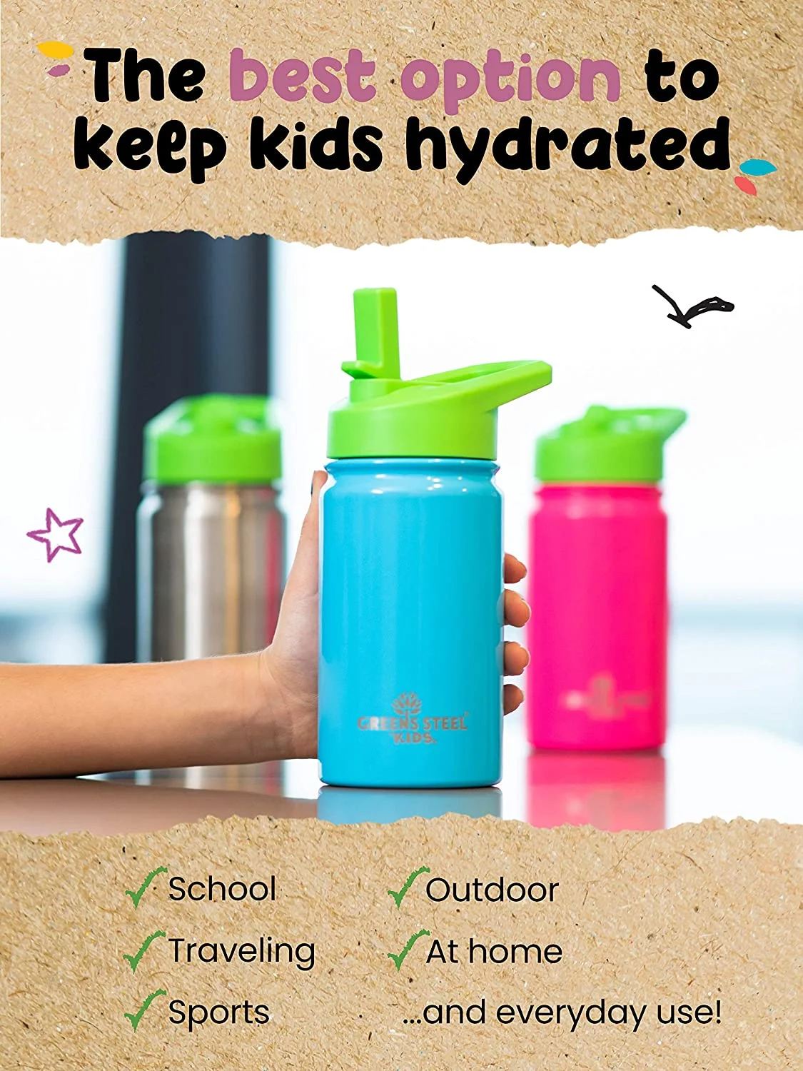 Kids Water Bottle - 12oz Pink | Leak Proof With Straw & Handle | 24 Hours Cold | Insulated, Double Wall Stainless Steel | Easy Sip Toddler Cup | Child's Flask | Eco Friendly