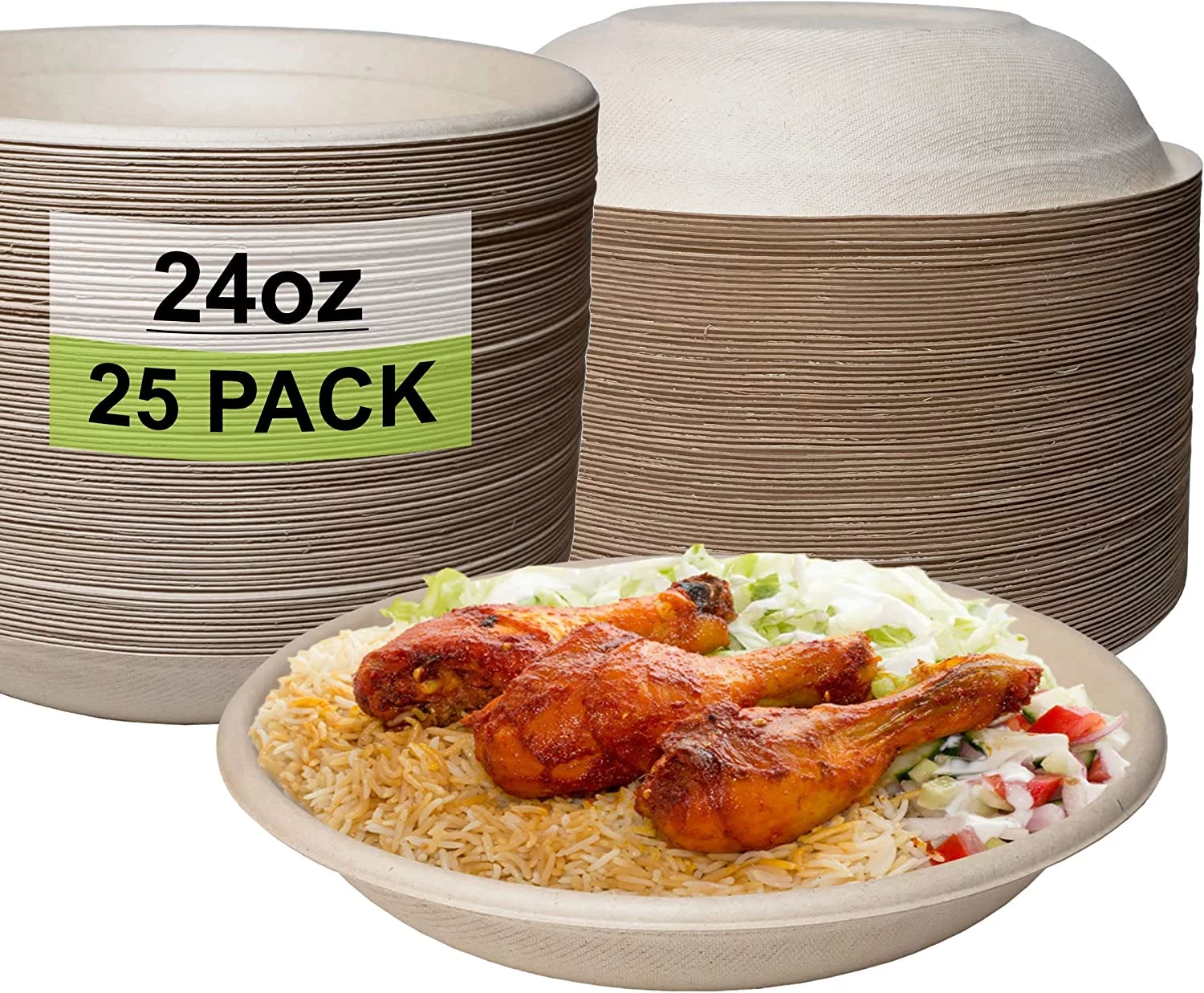 25 Pack 24 oz Round Disposable Compostable Paper Bowls Heavy-Duty, Eco-Friendly Natural Bagasse Unbleached, Heat Resistant, 100% Biodegradable Salad Bowls Alternative to Plastic