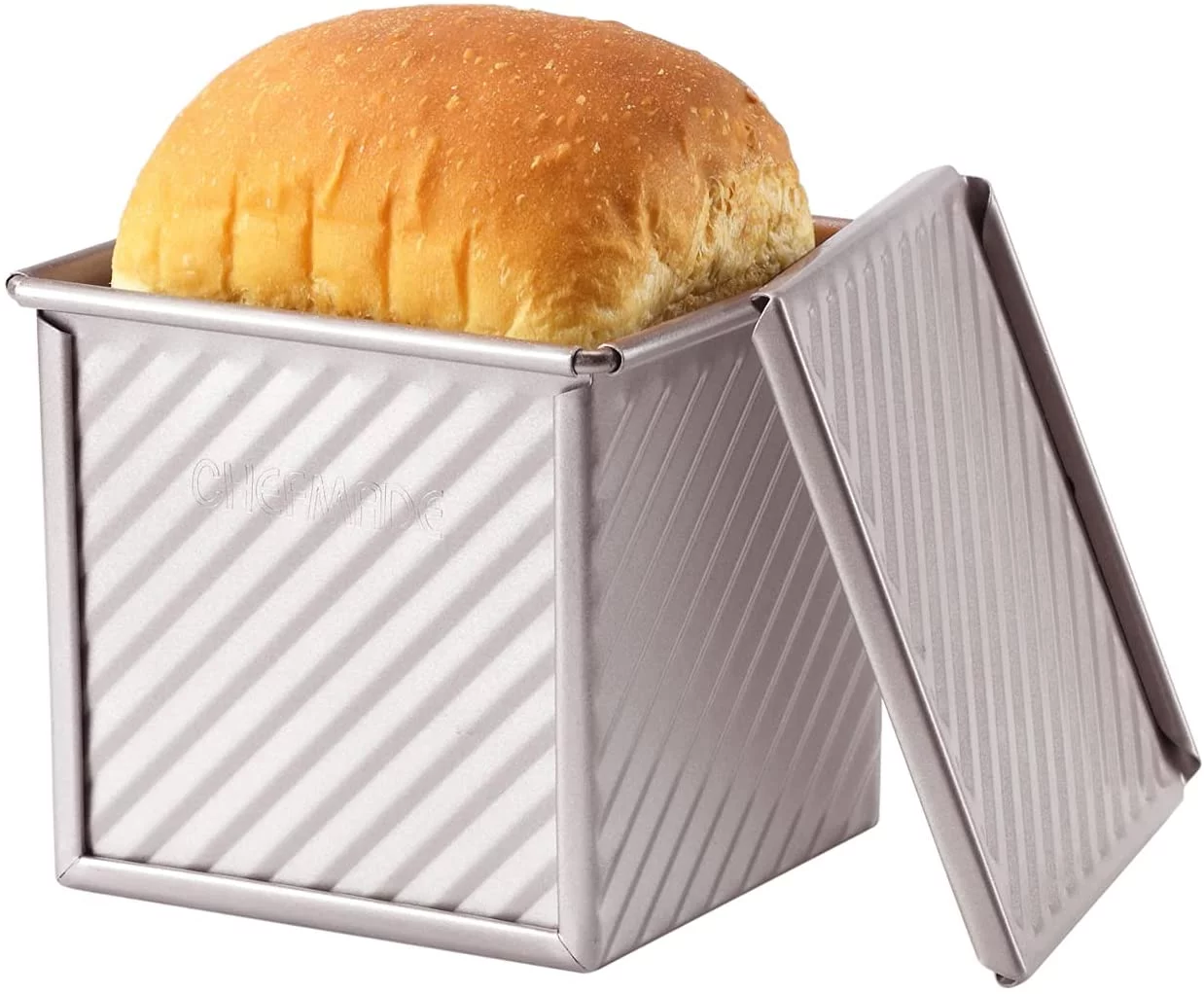 CHEFMADE Mini Pullman Loaf Pan with Lid, 0.55Lb Dough Capacity Non-Stick Rectangle Corrugated Toast Box for Oven Baking 3.9