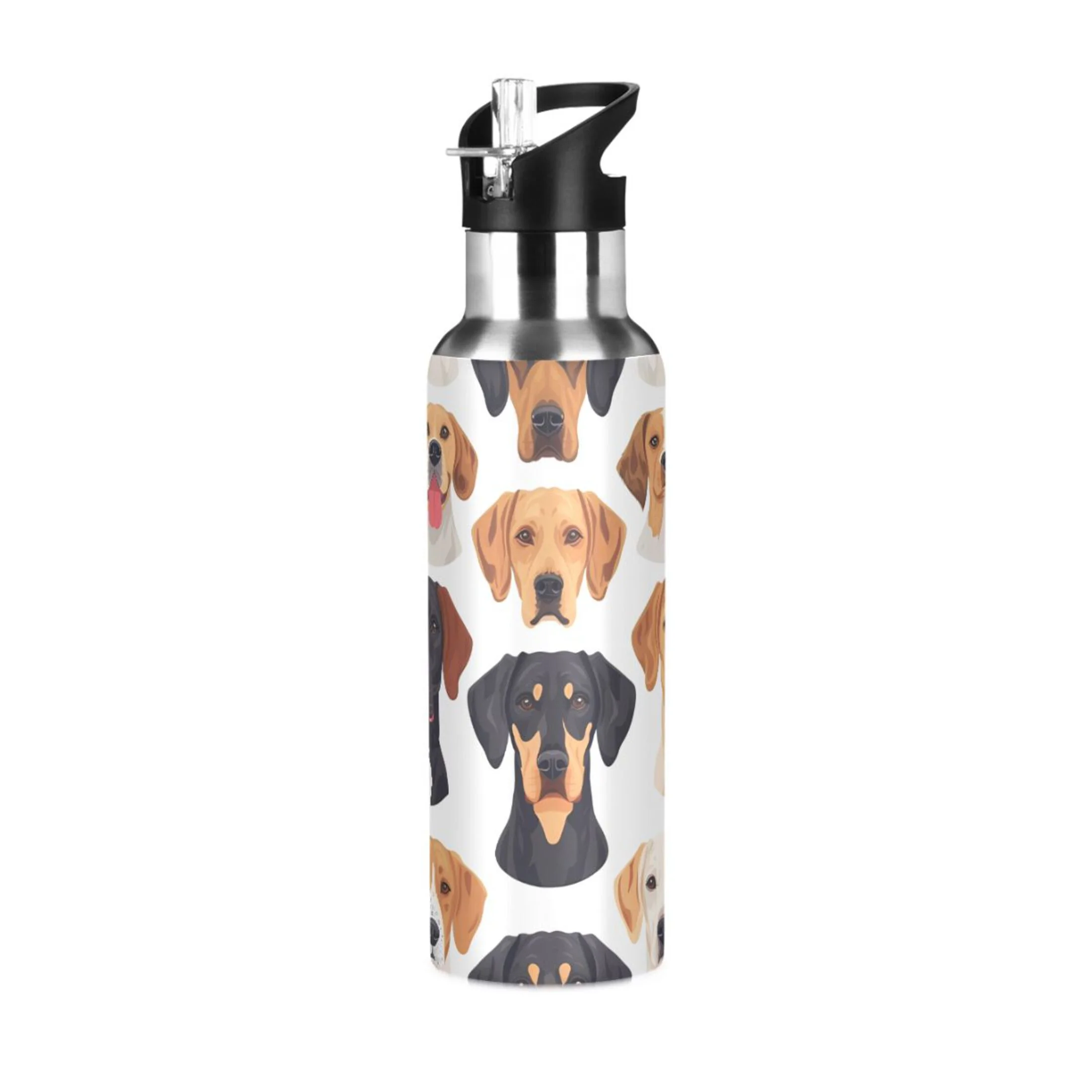 Cute Dogs Heads Water Bottles Insulated Thermos Kids Stainless Steel Bottle with Straw Lid Flask Leakproof for Sports Gym 20 oz