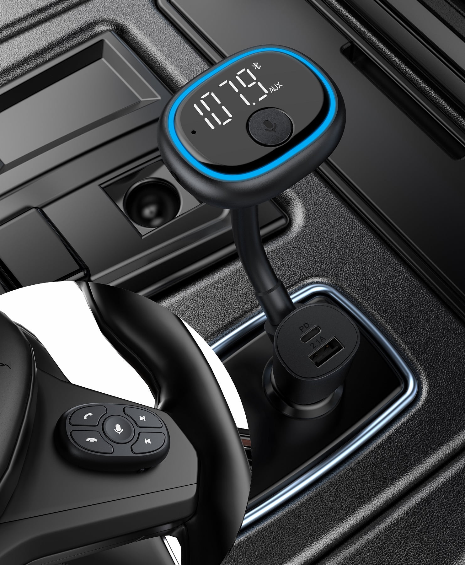 onn. Bluetooth Wireless FM Transmitter with Native Voice App Compatible with Smartphone,7*2.2*1.6'