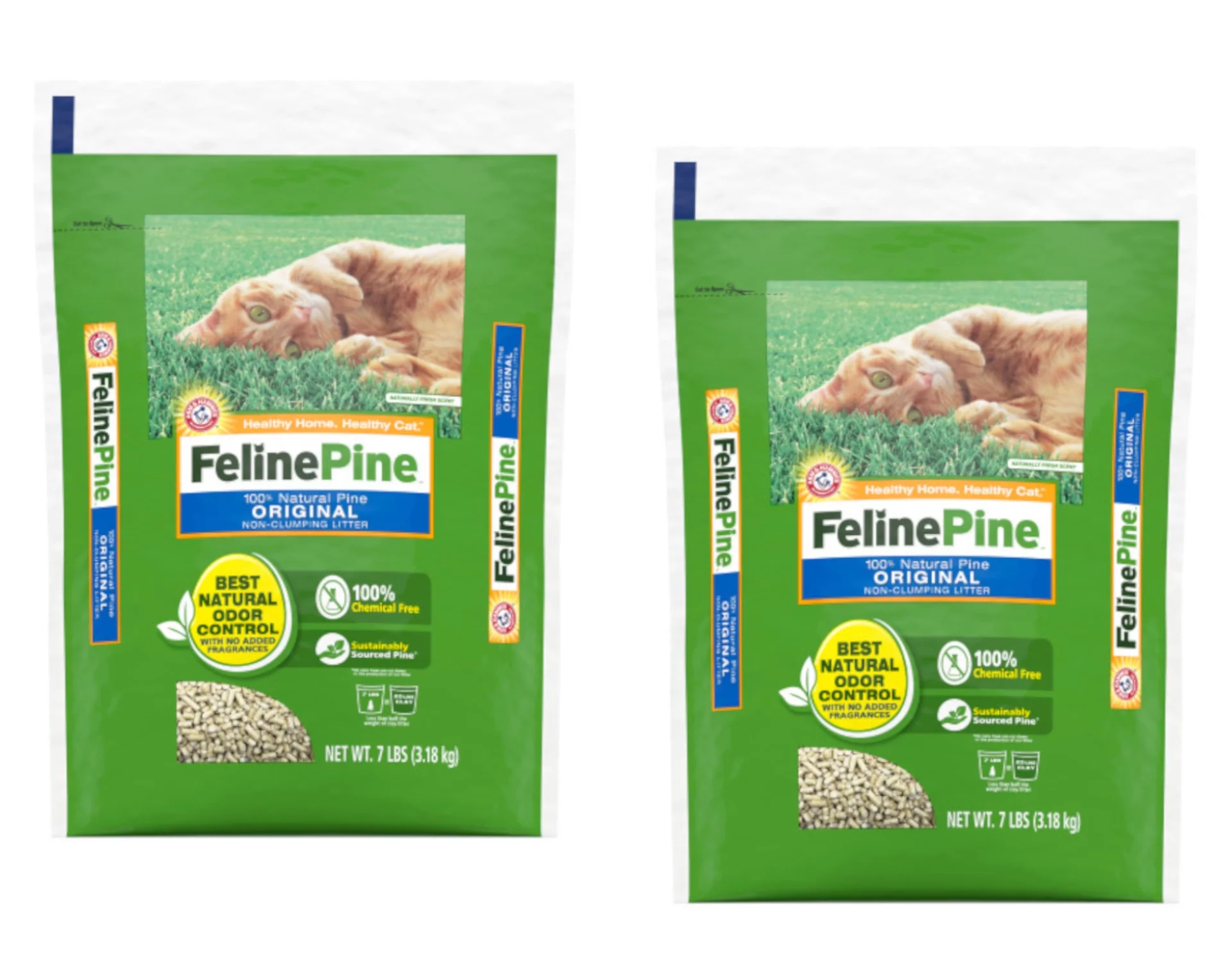 Arm & Hammer Feline Pine 100% Natural Original Non-Clumping Cat Litter, 7 Lbs. - Pack of 2