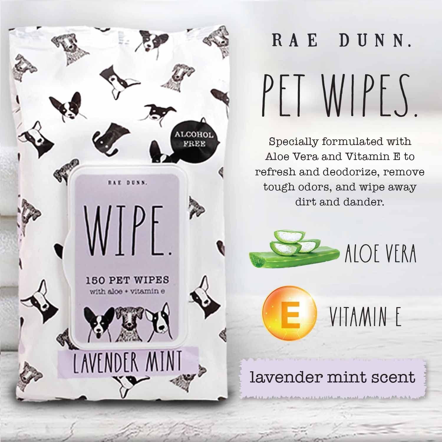 Rae Dunn Pet Wipes, Alcohol Free with Aloe and Vitamin E, Lavender Mint, 150 Count