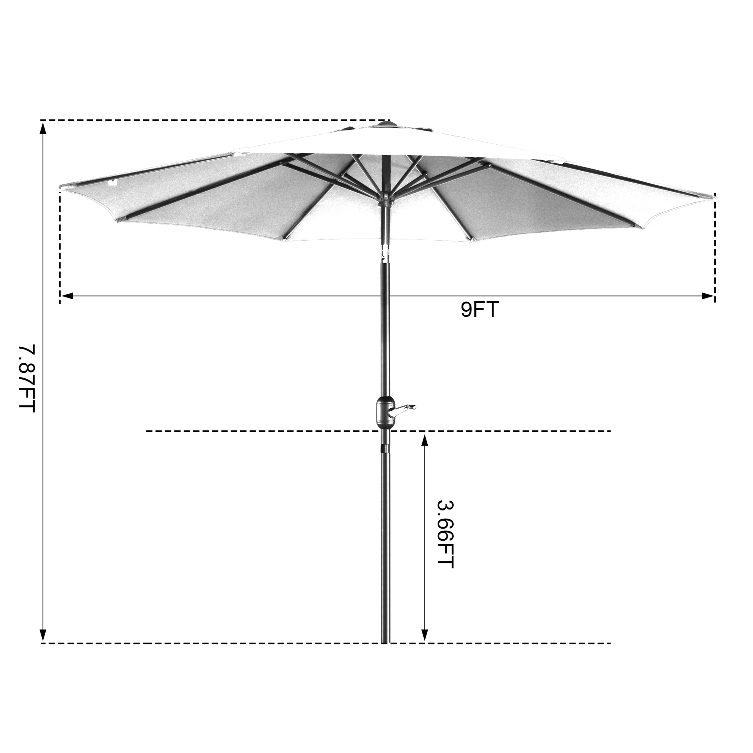 Villacera 9' Outdoor Patio Umbrella with 8 Ribs, Aluminum Pole and Auto Tilt, Fade Resistant Market Umbrella, Gray