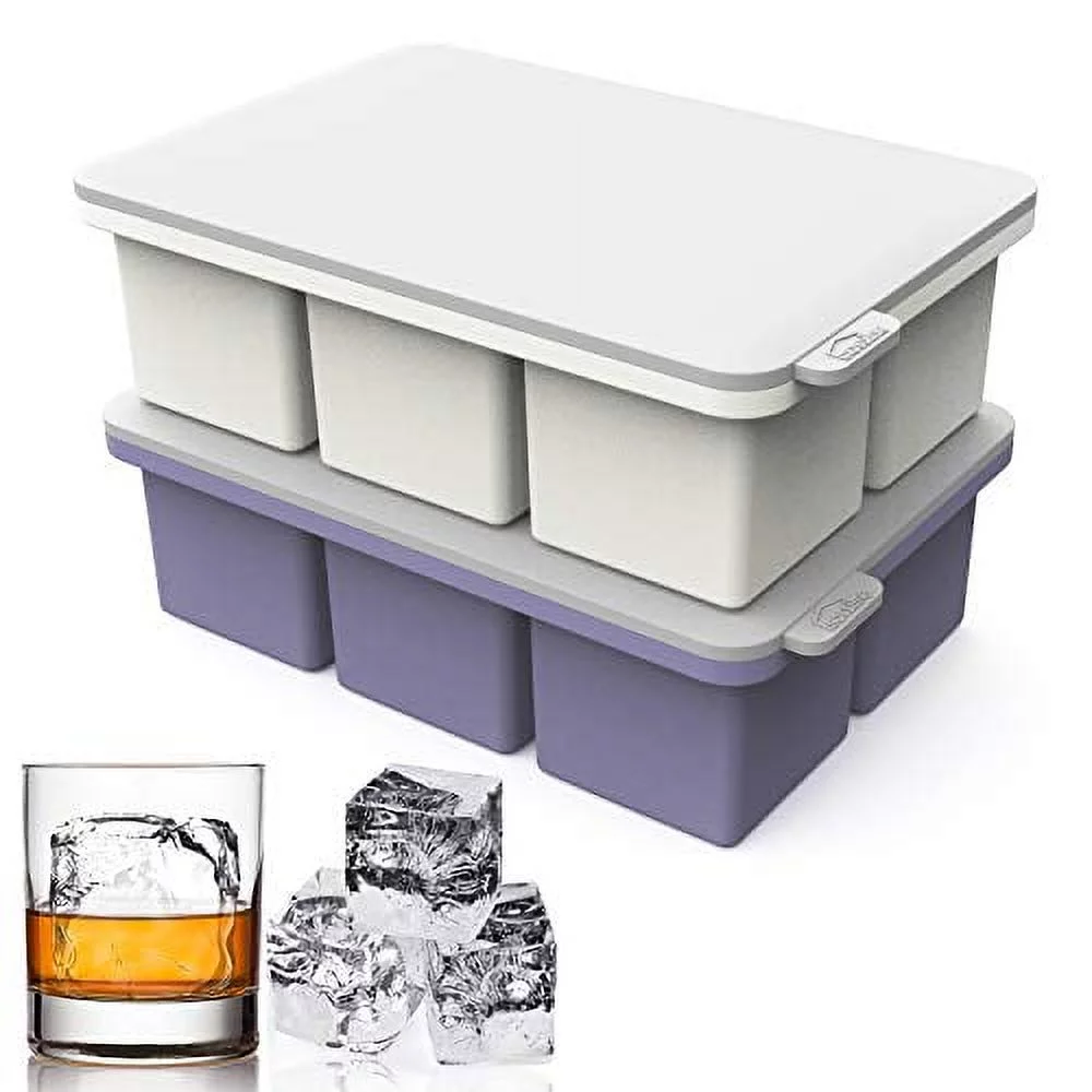 Large Square Ice Cube Tray with lid, Big Block Ice Cube 2 Inch, Giant Cocktail Silicone Ice Maker, Scotch Whiskey Ice Cube, Easy Release Reusable Ice Cubes for Soup Freezer Wine Juice