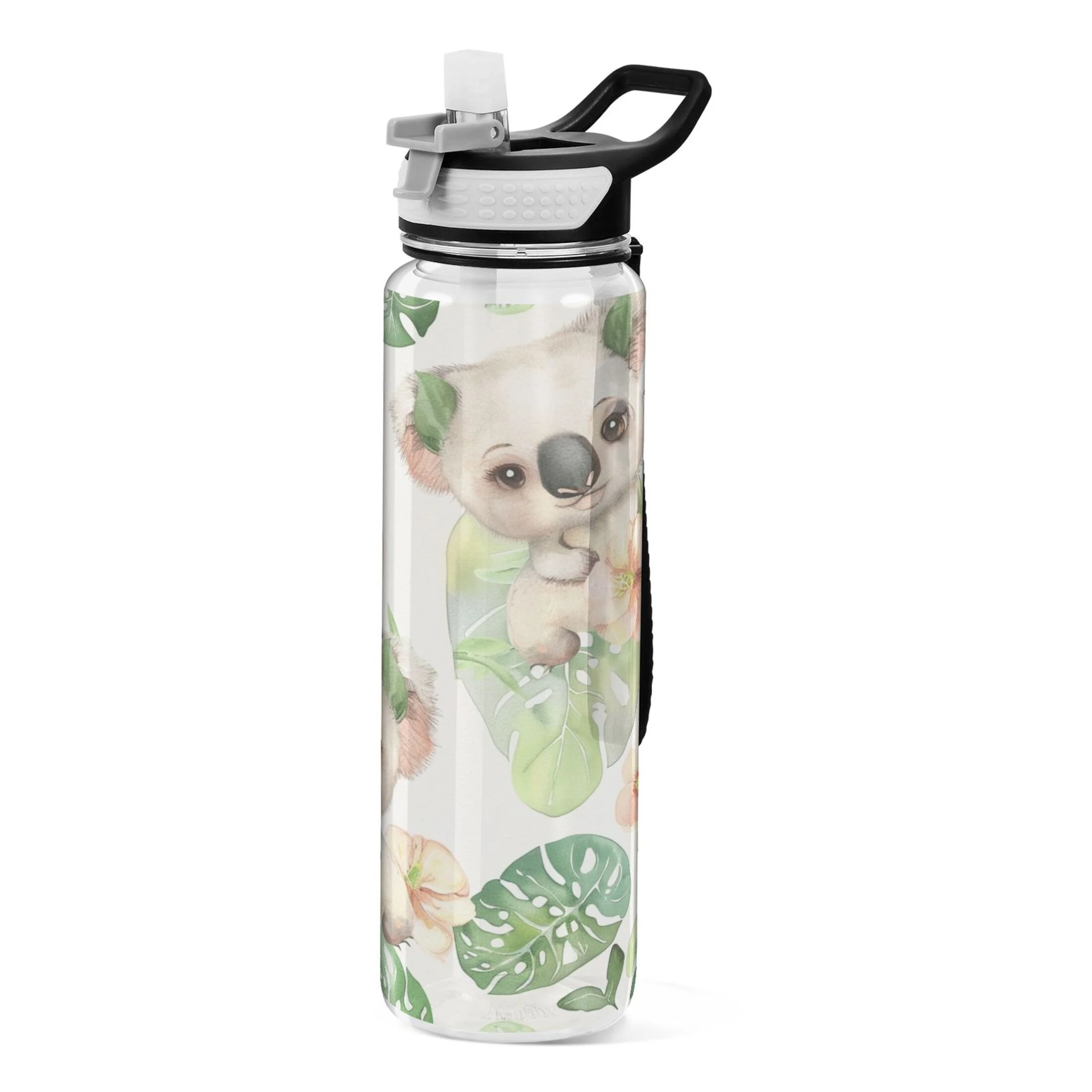 Koala in Palm Leaves 32oz Sports Water Bottles Leakproof Tritan Bottle with Straw BPA Free Clear Bottle for Fitness Gym Outdoor Cycling