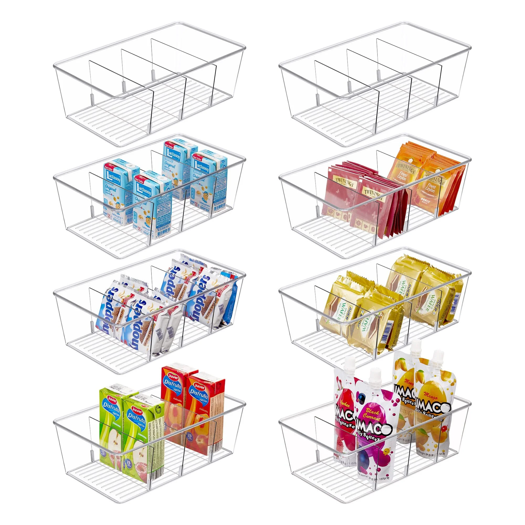 Food Storage Organizer Bin with 4 Compartment , Vtopmart Clear Plastic Pantry Organizing Bins, for Spice Packets, Snacks, Pouches, Set of 8